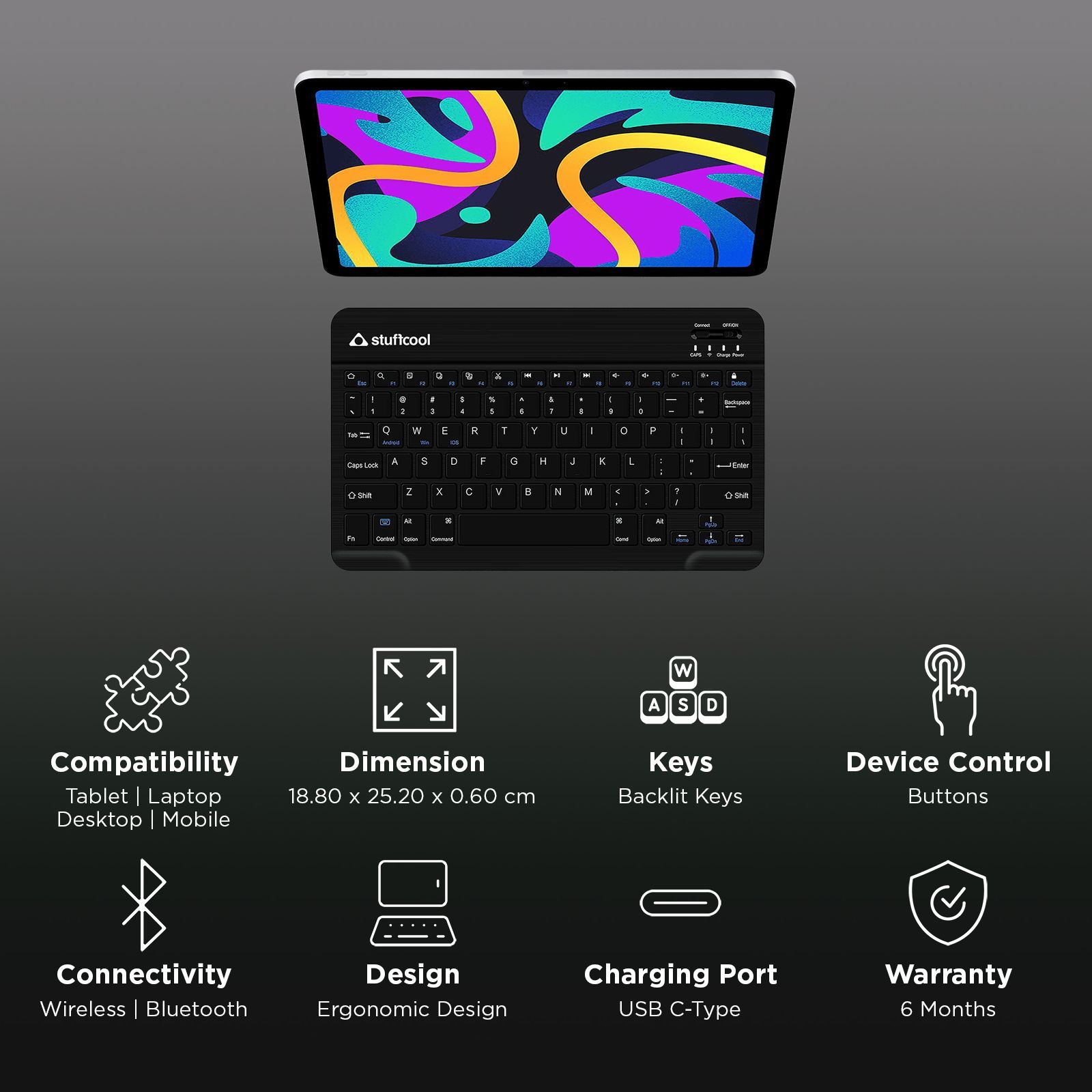 stuffcool BK-630 Rechargeable Bluetooth Wireless Keyboard with LED Indicator (On/Off Switch, Black)_2