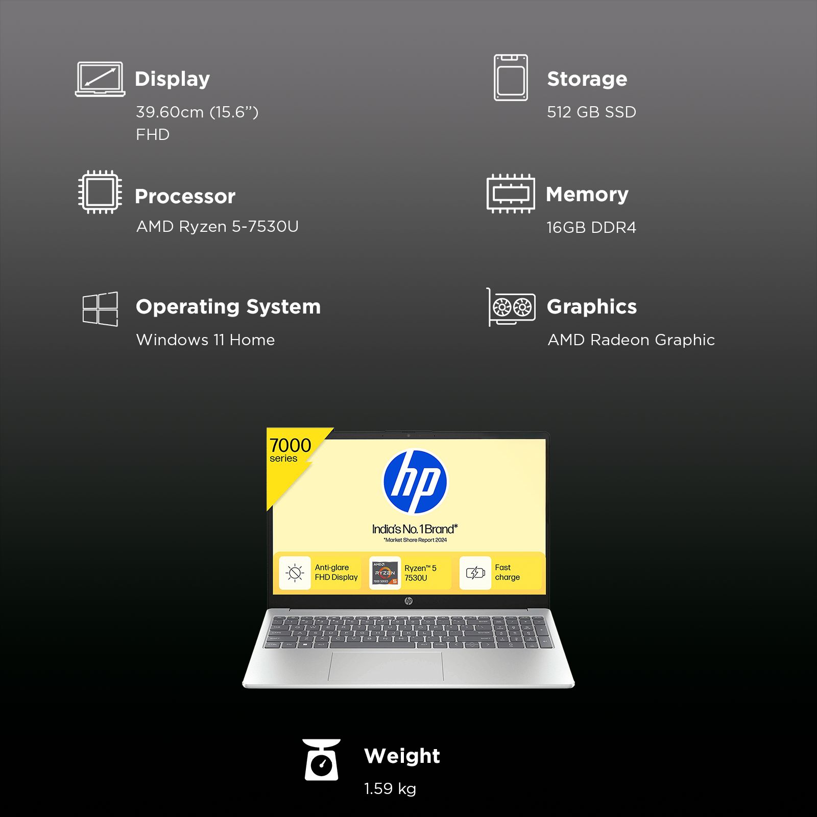 HP 15-fc0389AU AMD Ryzen 5 Thin & Light Laptop (16GB, 512GB SSD, Windows 11 Home, 15.6 inch Full HD Display, Natural Silver, 1.59 KG)_3