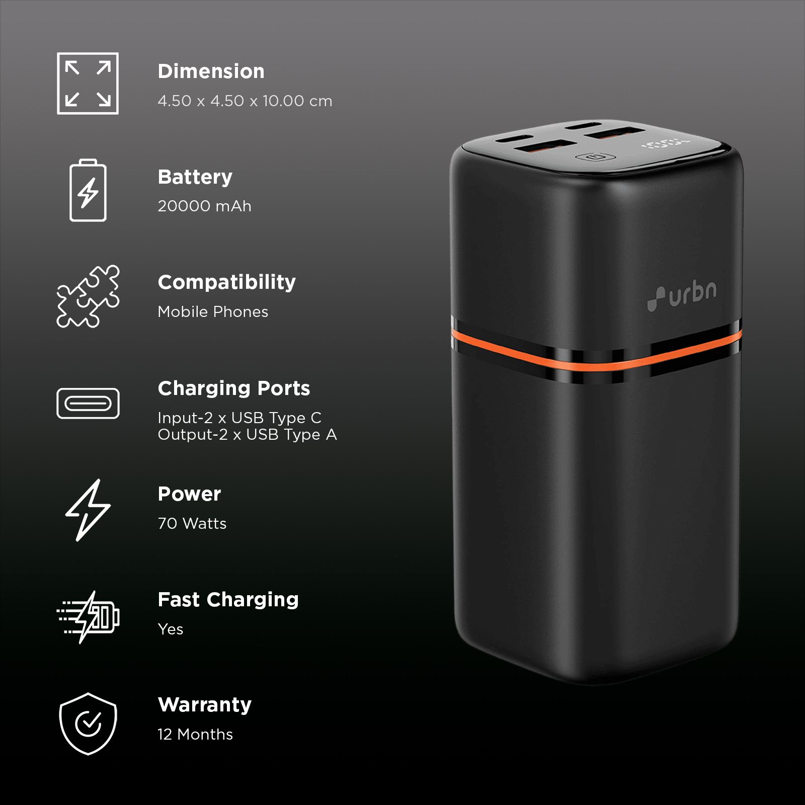 urbn Nano Stack Pro 20000 mAh 70W Fast Charging Power Bank (2 Type C Ports, 2 Type A Ports, 12 Layer Circuit Protection, Black)_3