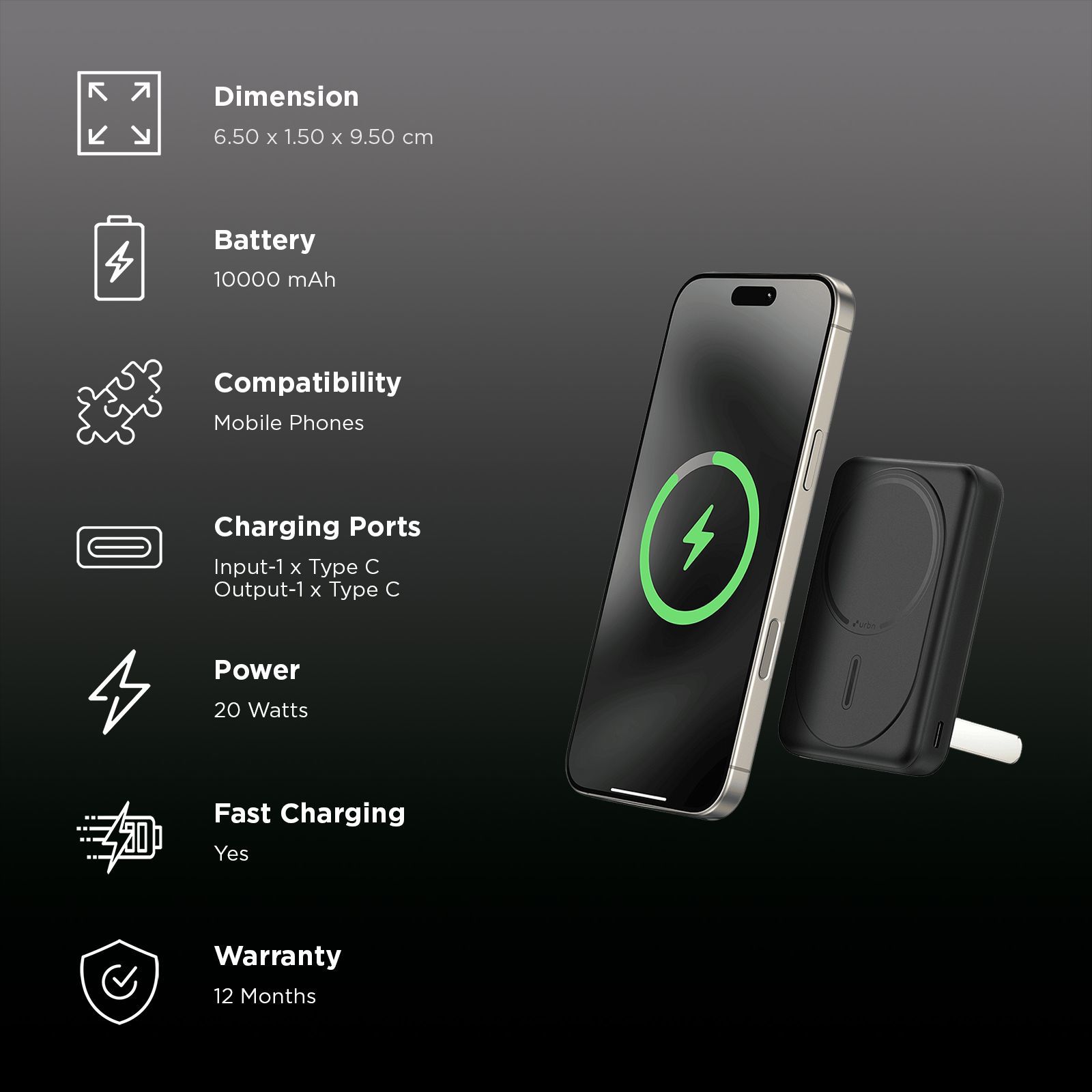 urbn Slide MagTag 10000 mAh 20W Fast Charging Power Bank (2 Type C Ports, LED Indicator, Black)_3