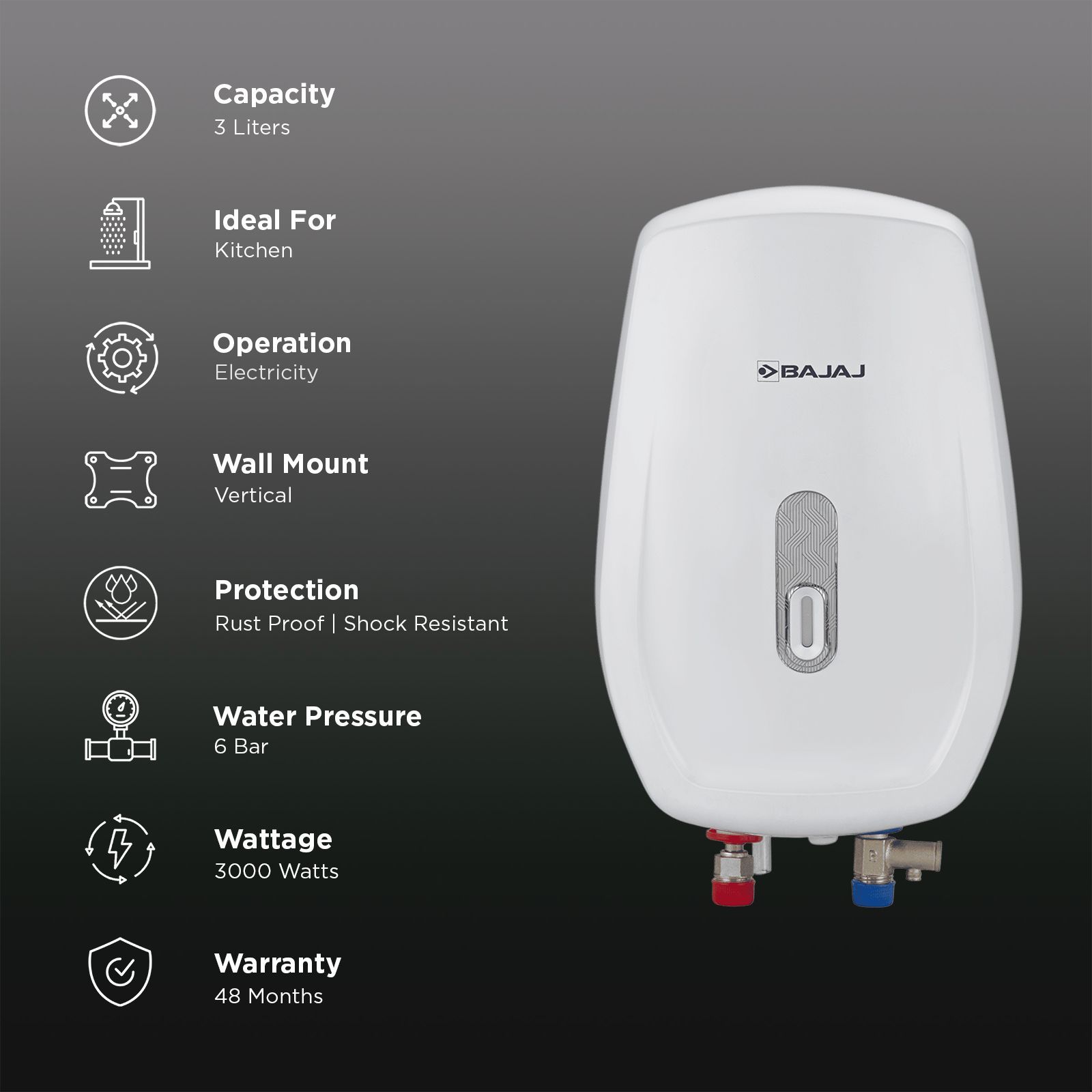 BAJAJ Shield Aerono 3 Litre Vertical Instant Geyser with Shock Resistance (White) BAJAJ Shield Aerono 3 Litre Vertical Instant Geyser with Shock Resistance (White)_3