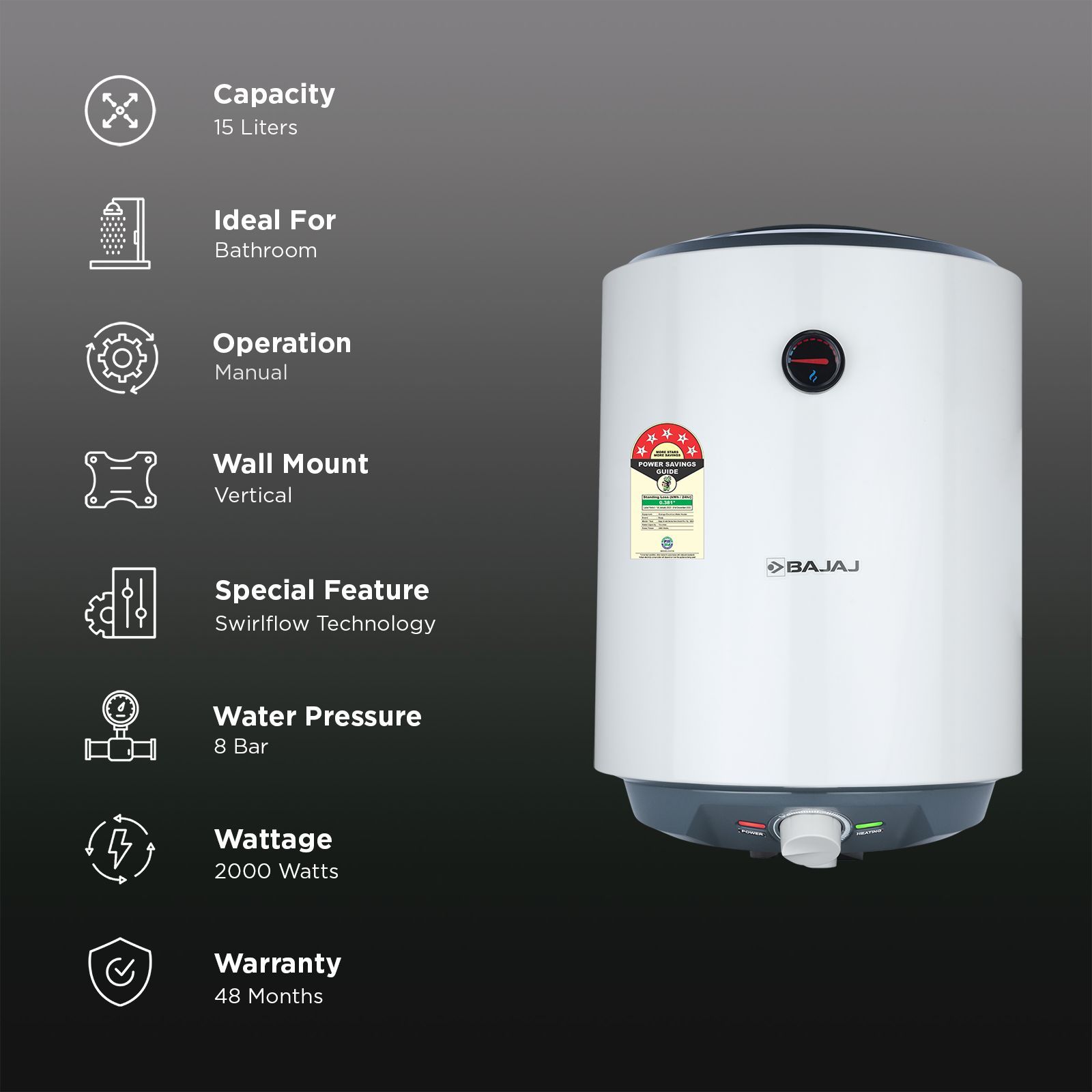 BAJAJ Shield New Shakti Pro 15 Litre Vertical Storage Geyser with Swirlflow Technology (White)_3