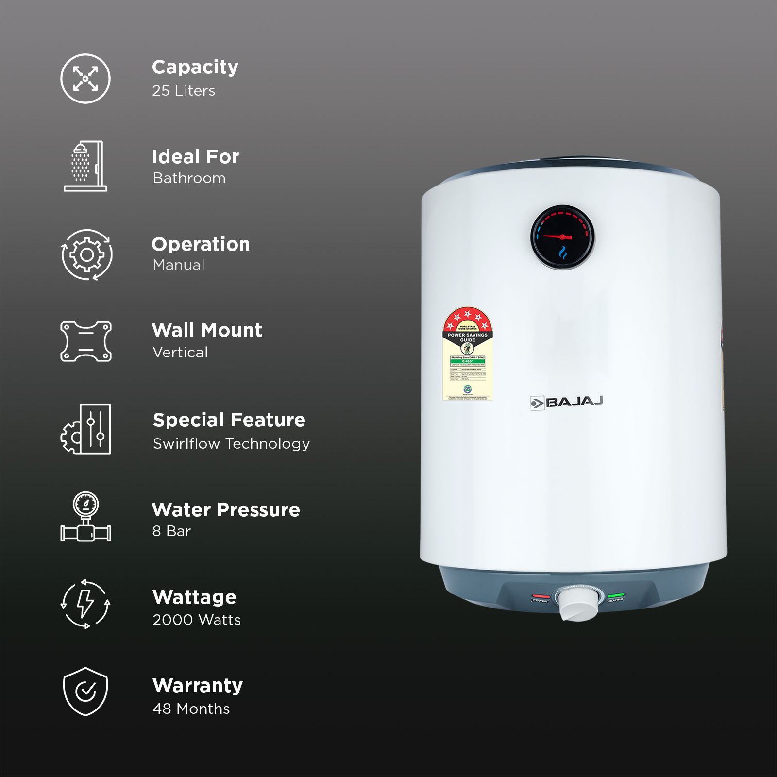 BAJAJ Shield New Shakti Pro 25 Litre Vertical Storage Geyser with Swirlflow Technology (White)_3