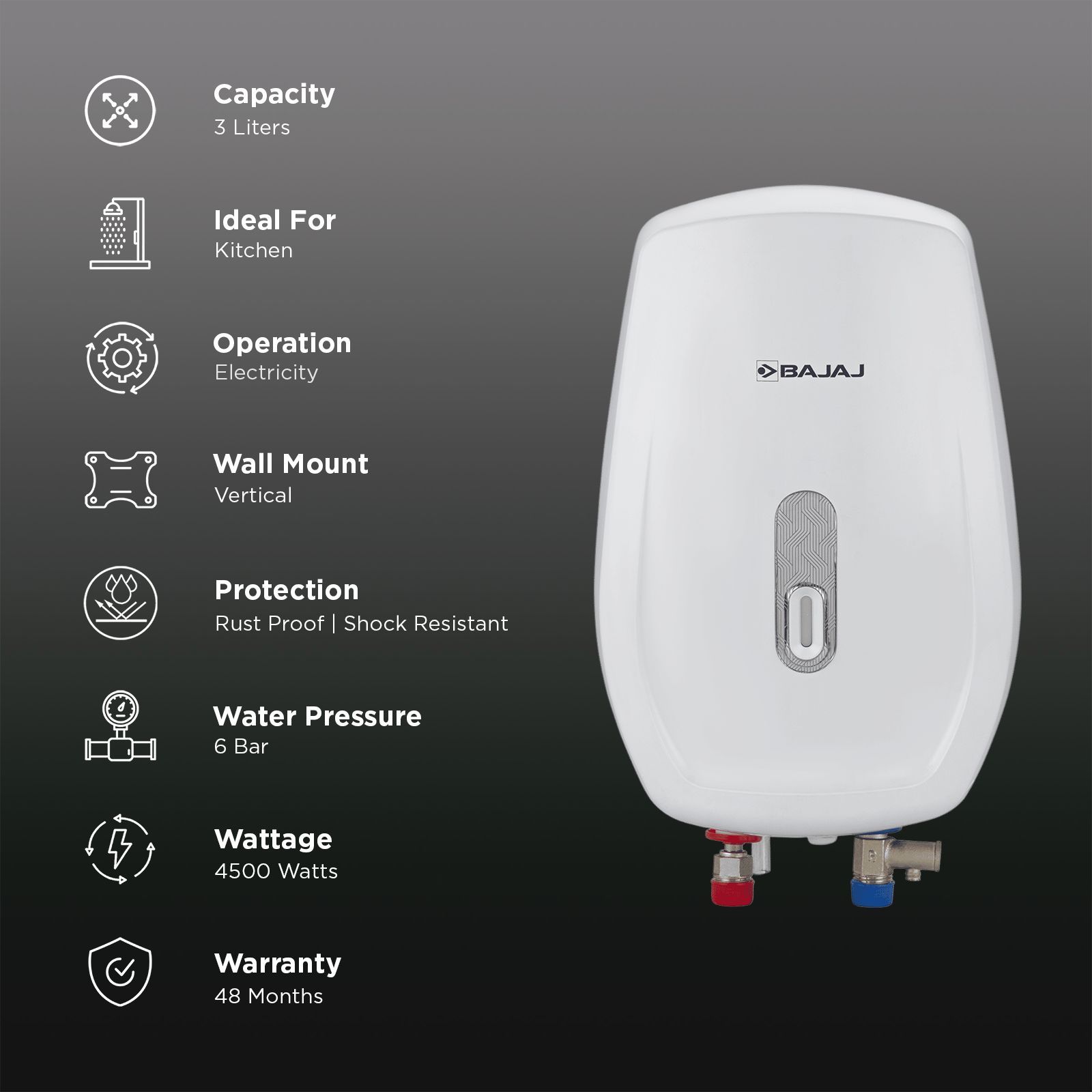 BAJAJ Shield Aerono 3 Litre Vertical Instant Geyser with Shock Resistance (White)_3