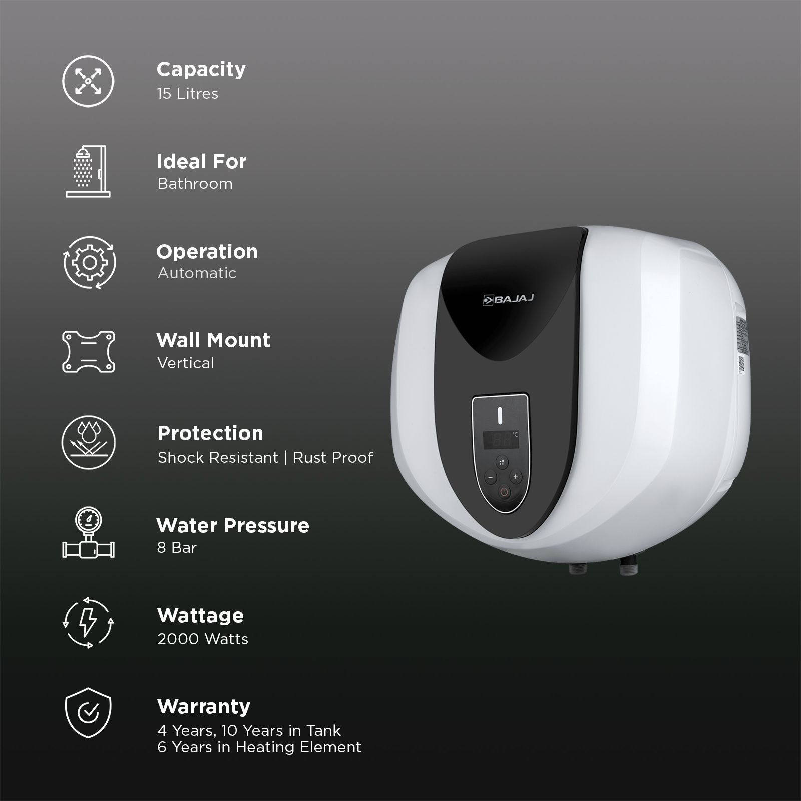 BAJAJ Eternal Pentacle Digi 15 Litre 5 Star Vertical Storage Geyser with Swirlflow Technology (White & Black) BAJAJ Eternal Pentacle Digi 15 Litre 5 Star Vertical Storage Geyser with Swirlflow Technology (White & Black)_3