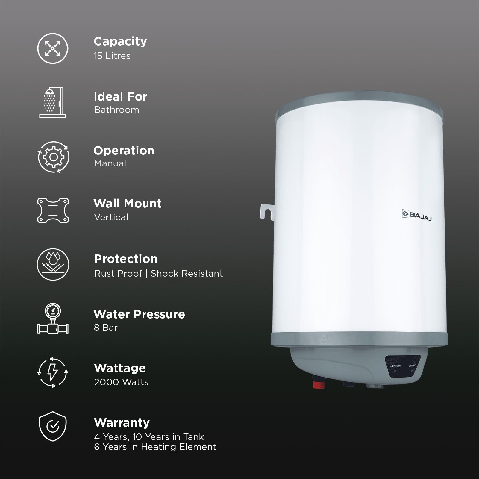 BAJAJ Shield Crest Plus 15 Litre 5 Star Vertical Storage Geyser with Swirlflow Technology (White & Grey) BAJAJ Shield Crest Plus 15 Litre 5 Star Vertical Storage Geyser with Swirlflow Technology (White & Grey)_3