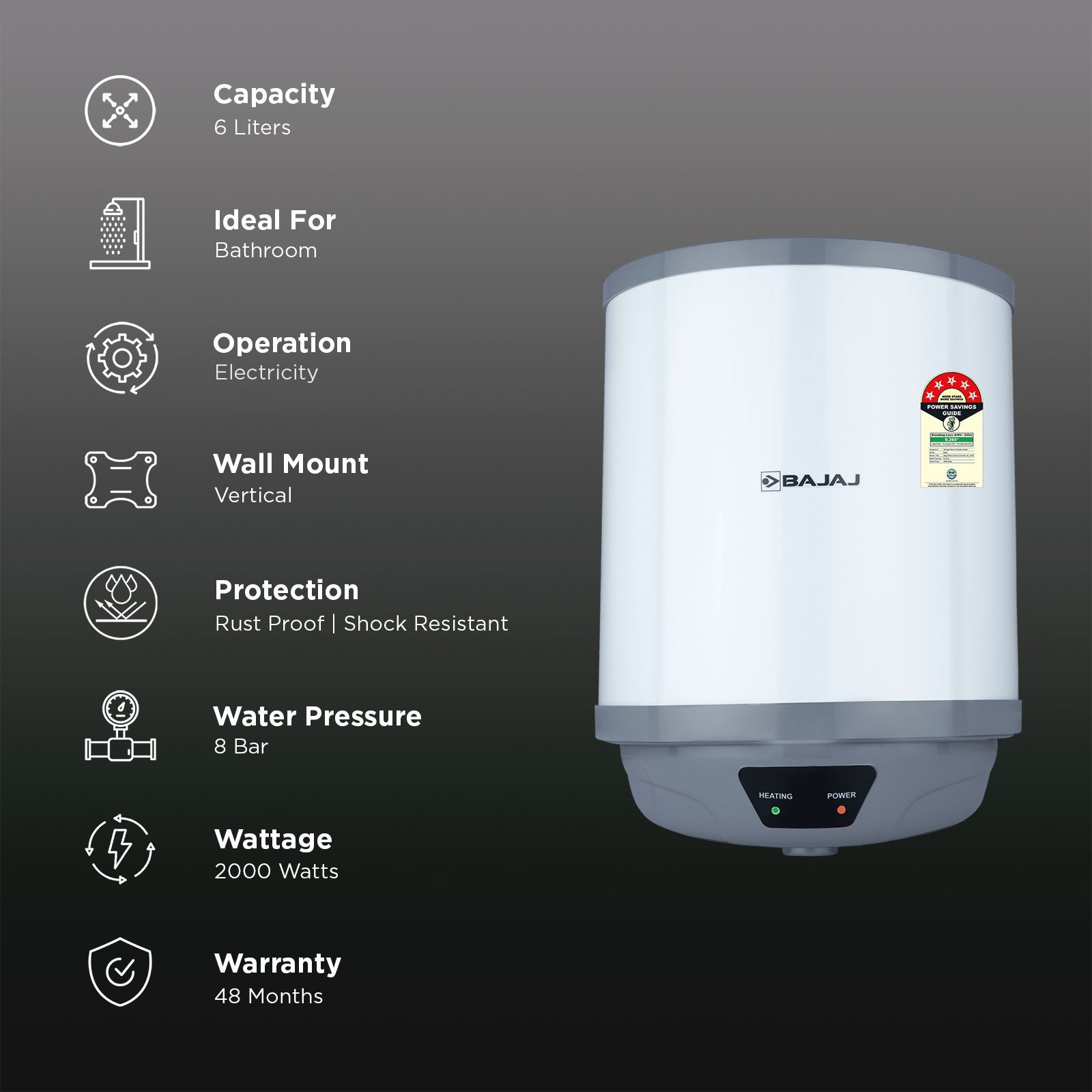 BAJAJ Shield Crest Plus 6 Litre 5 Star Vertical Storage Geyser with Swirlflow Technology (White & Grey)_3