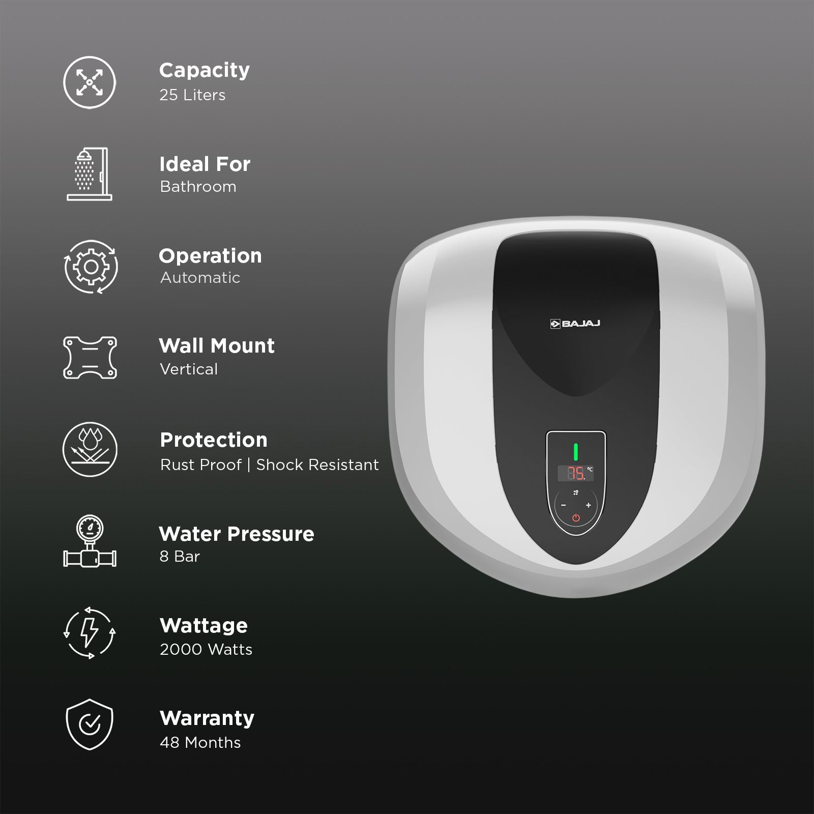 BAJAJ Eternal Pentacle Digi 25 Litre 5 Star Vertical Storage Geyser with Swirlflow Technology (White & Black)_3