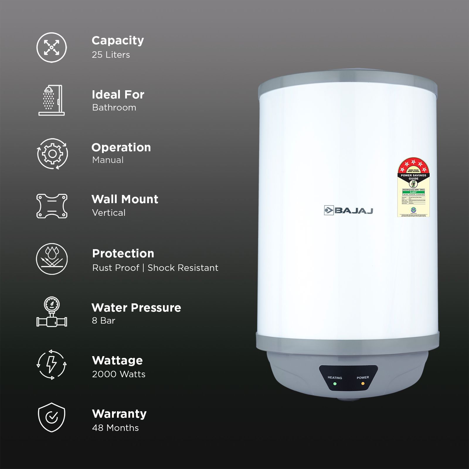 BAJAJ Shield Crest Plus 25 Litre 5 Star Vertical Storage Geyser with Swirlflow Technology (White & Grey)_3