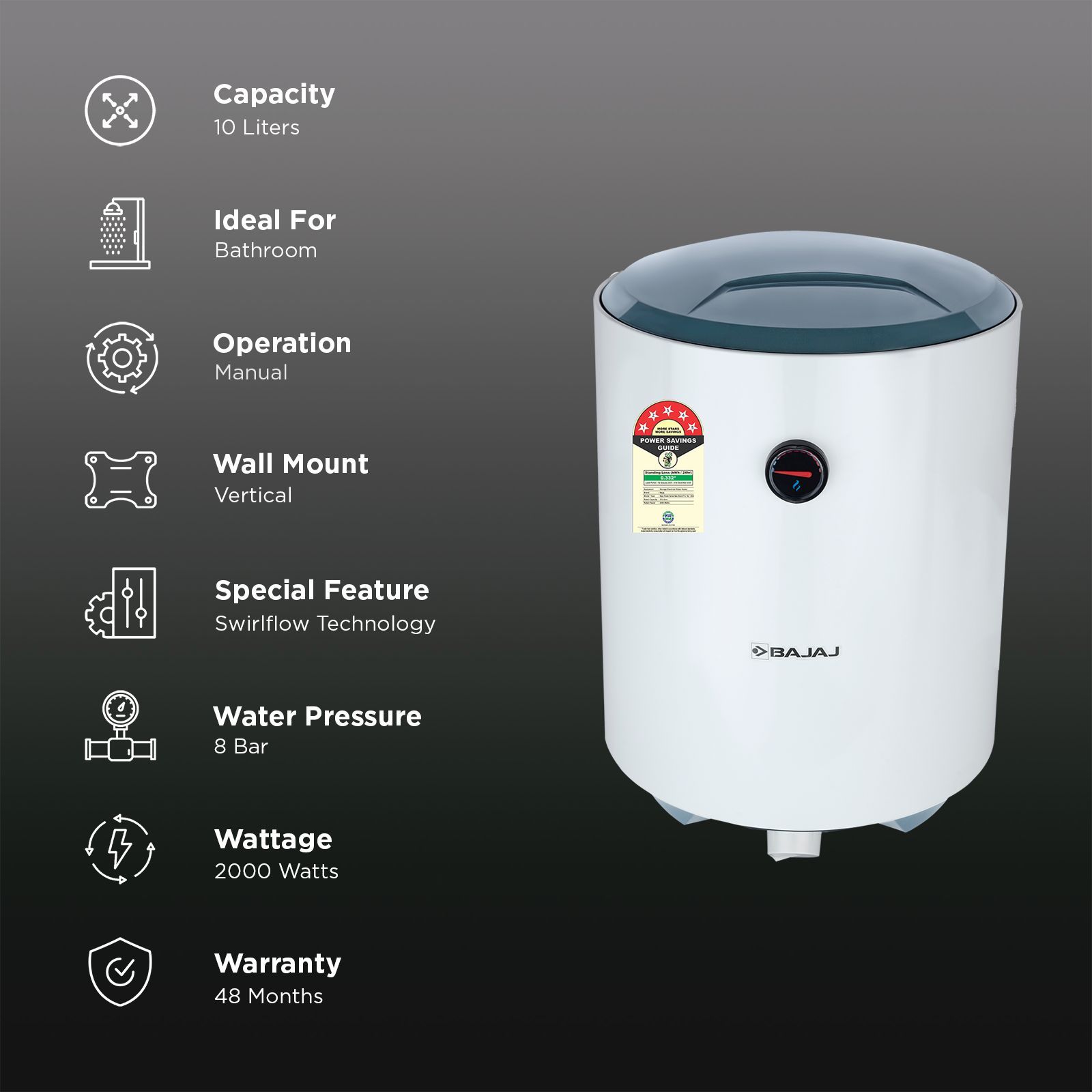 BAJAJ Shield New Shakti Pro 10 Litre Vertical Storage Geyser with Swirlflow Technology (White)_3
