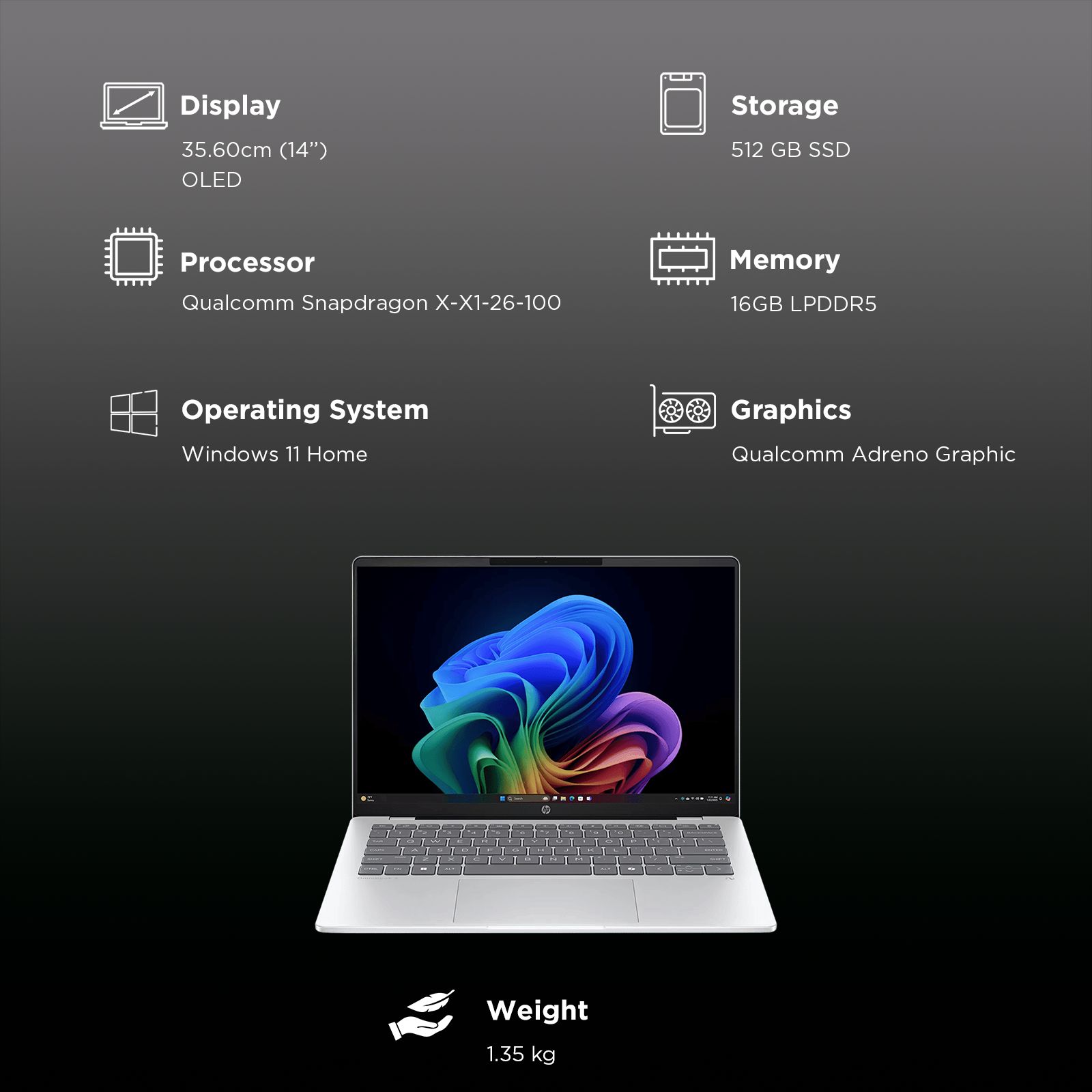 HP OmniBook 5 14-he0014QU Qualcomm Snapdragon X Thin & Light Laptop (16GB, 512GB SSD, Windows 11 Home, 14 inch 2K OLED Display, MS Office Home 2024, Glacier Silver, 1.35 KG)_3