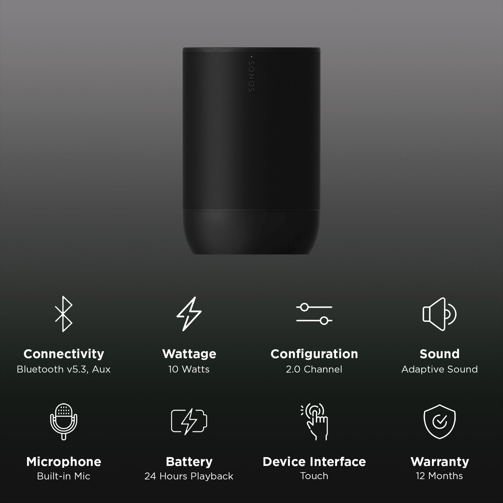 SONOS Move 2 with Built-in Alexa Smart Wi-Fi Speaker (Touch Control, Black)_2