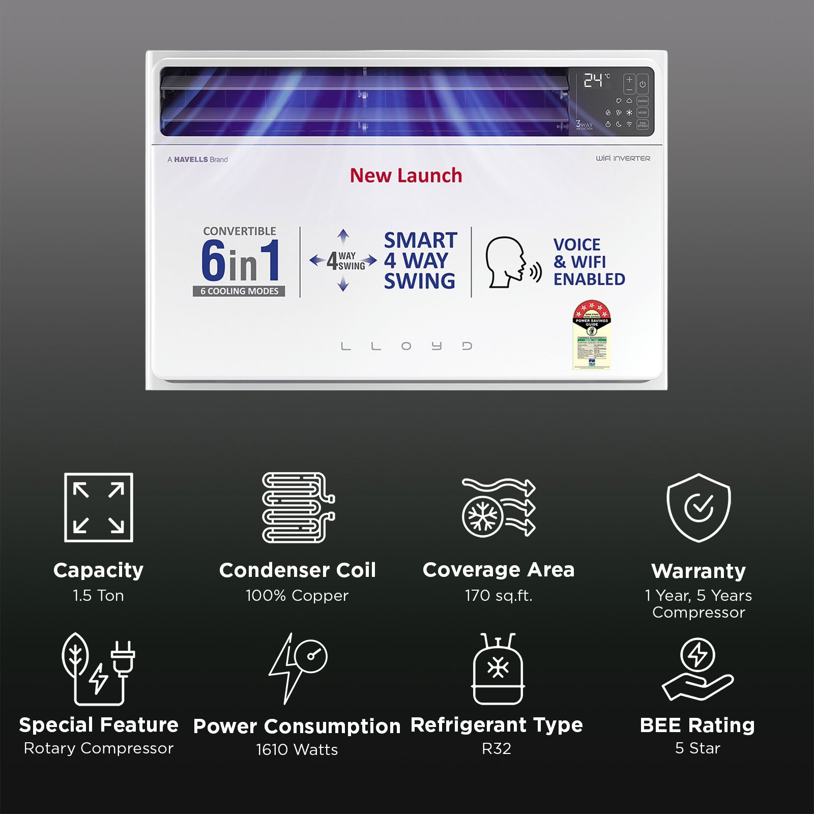 LLOYD 6 in 1 Convertible 1.5 Ton 5 Star Inverter Window Smart AC with Wi-Fi Enabled (2025 Model, Copper Condenser, GLW18V5FWTBR)_2