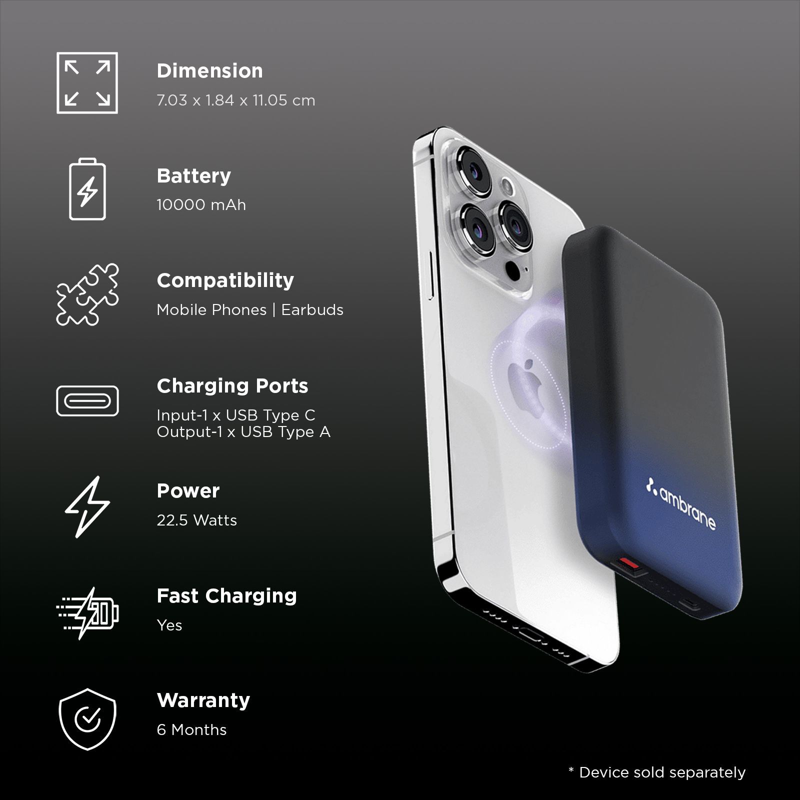 ambrane Aerosync Snap 10000 mAh 22.5W Fast Charging Power Bank (1 Type A Port, 1 Type C Port, Rubberized Coating, SafeCharge Technology, Blue)_3