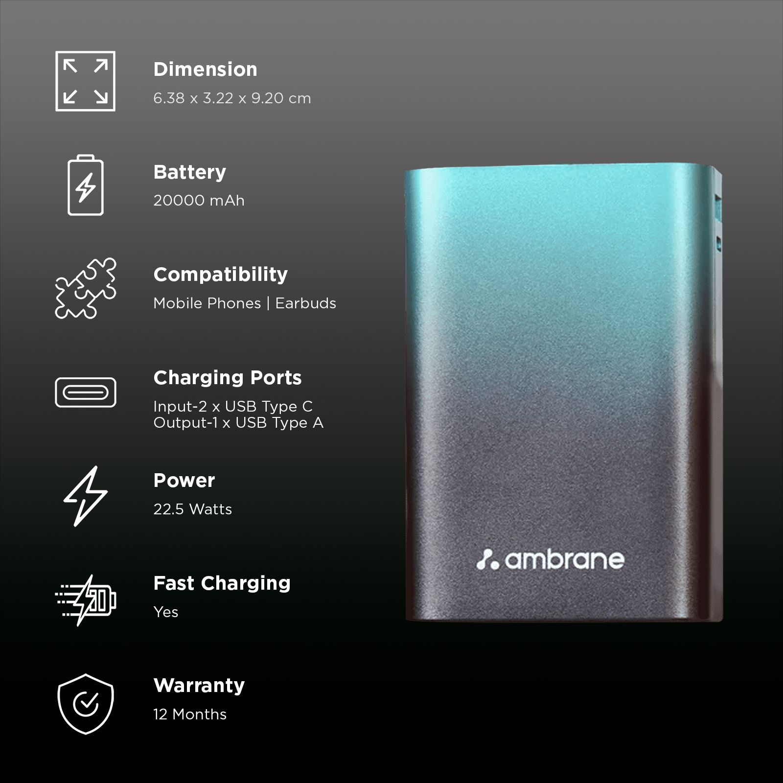 ambrane MiniCharge 20 20000 mAh 22.5W Fast Charging Power Bank (1 Type A Port, 1 Type C Port, Metallic Finish, SafeCharge Technology, Black & Grey)_3