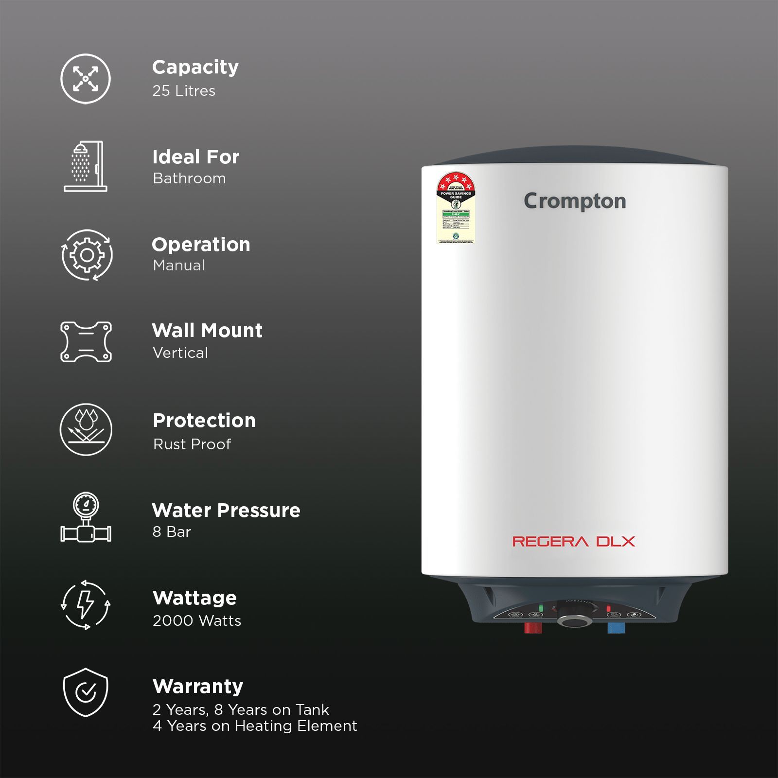 Crompton Regera DLX 25 Litre 5 Star Vertical Storage Geyser with Anti Scale Technology (Blue & White)_3