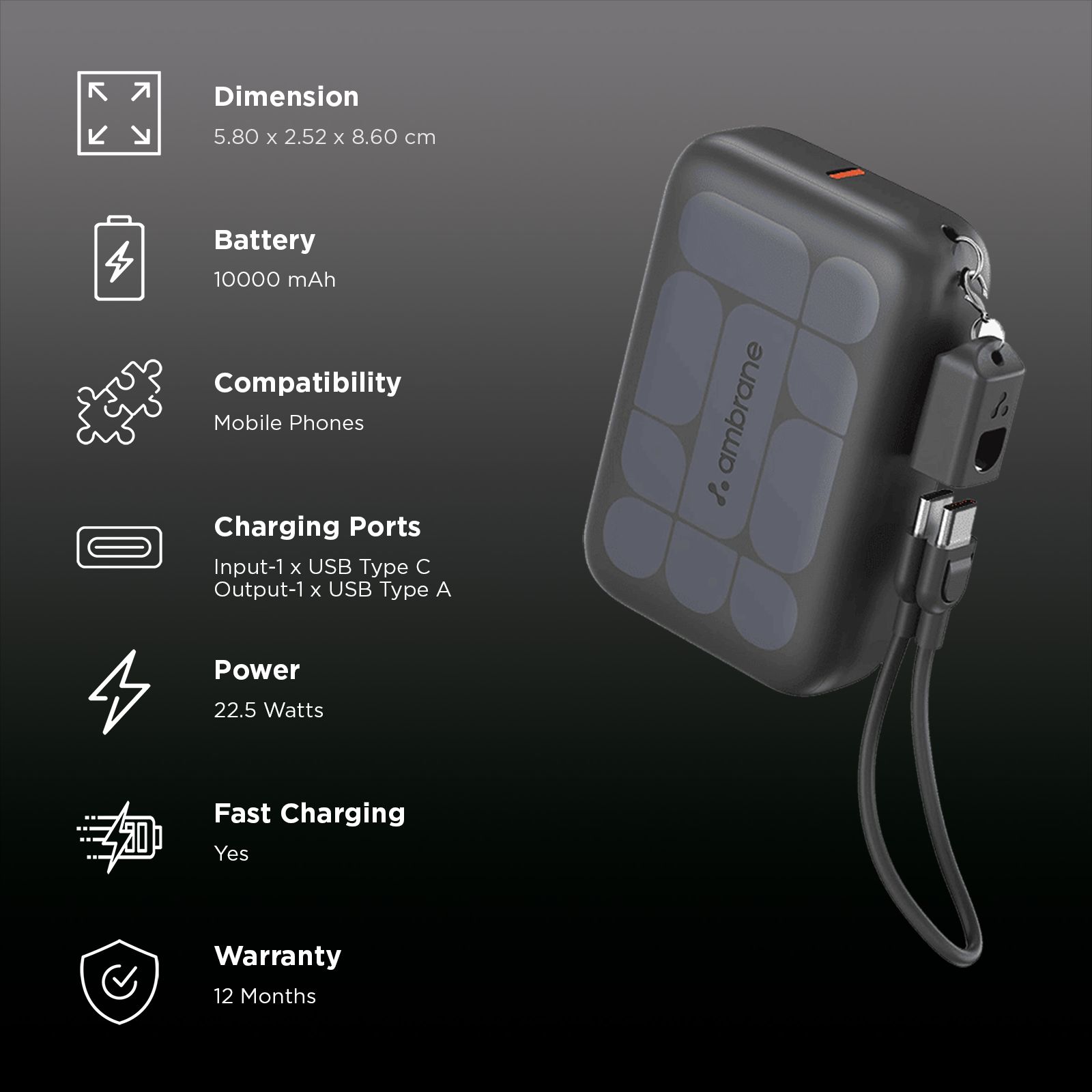 ambrane PowerMini 10 10000 mAh 22.5W Fast Charging Power Bank (1 Type A Port, 1 Type C Port, SafeCharge Technology, Black)_3