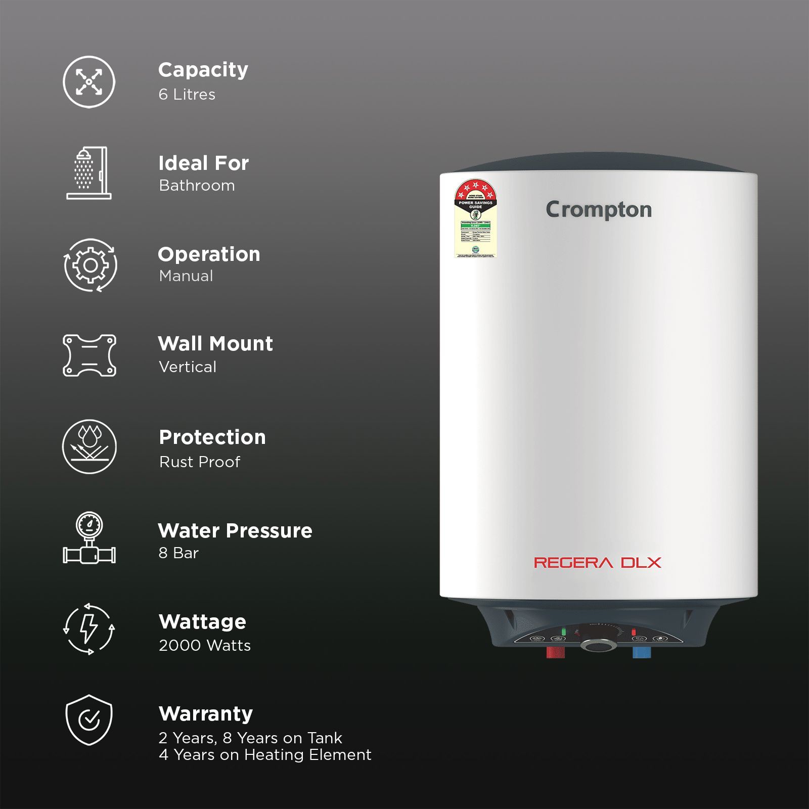 Crompton Regera DLX 6 Litre 5 Star Vertical Storage Geyser with Anti Scale Technology (Blue & White)_3