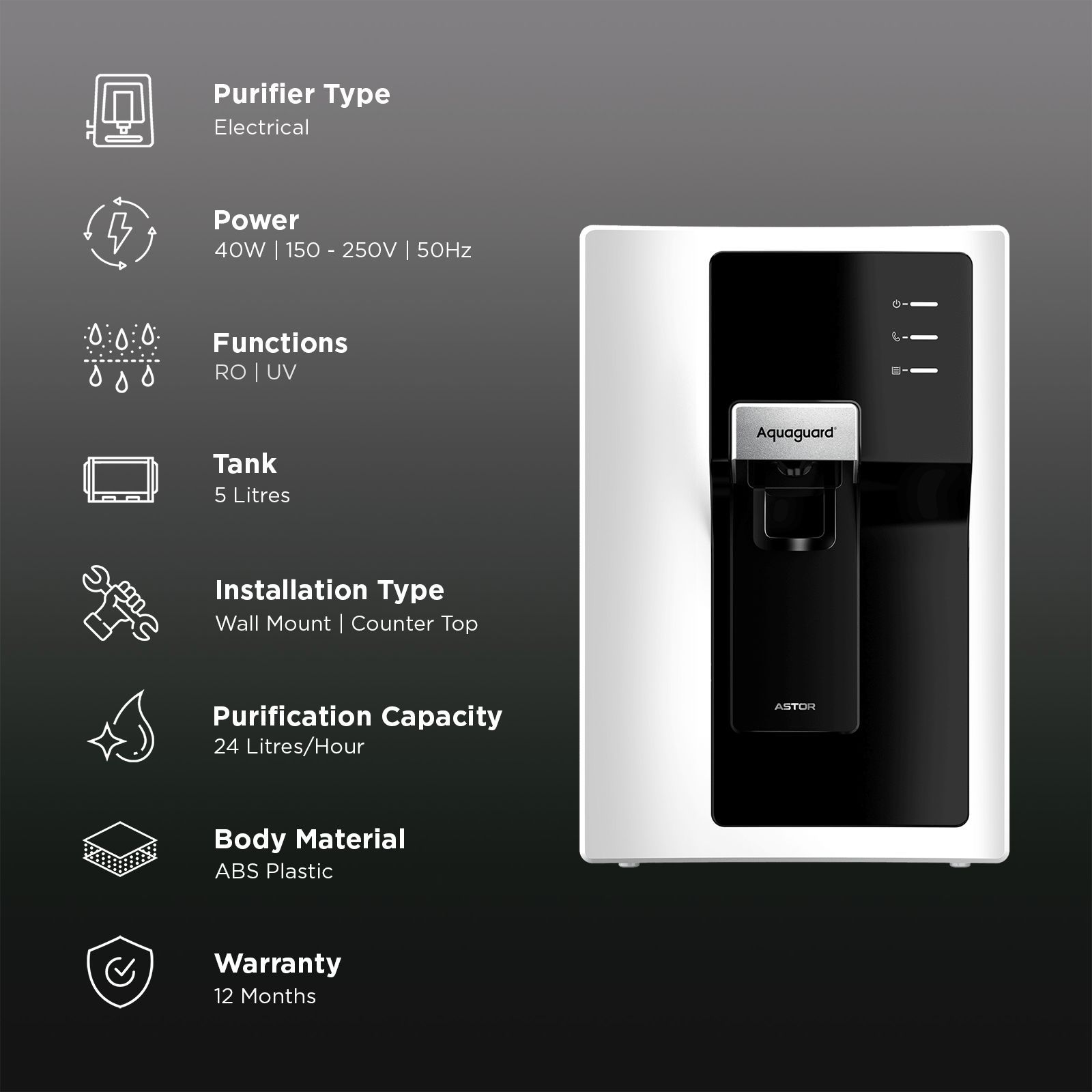 Aquaguard Enrich Astor 5L RO + UV + Alkaline 2X Water Purifier with Mega Sediment Filter (Black) Aquaguard Enrich Astor 5L RO + UV + Alkaline 2X Water Purifier with Mega Sediment Filter (Black)_3