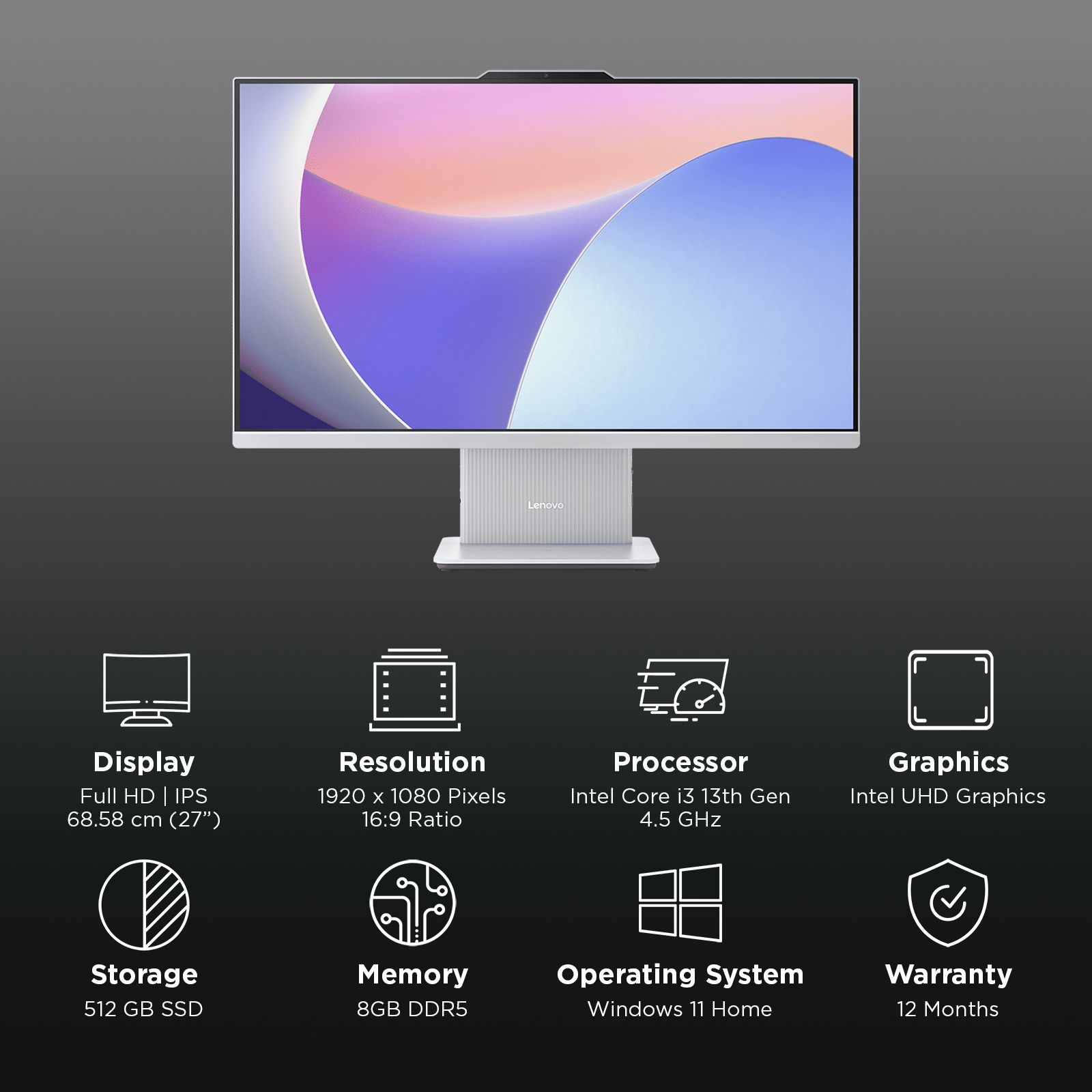 Lenovo IdeaCentre AIO 27IRH9 27 Inch Full HD IPS Display Intel Core i3 13th Gen Windows 11 Home Desktop (8GB, 512GB SSD, Intel UHD)_3