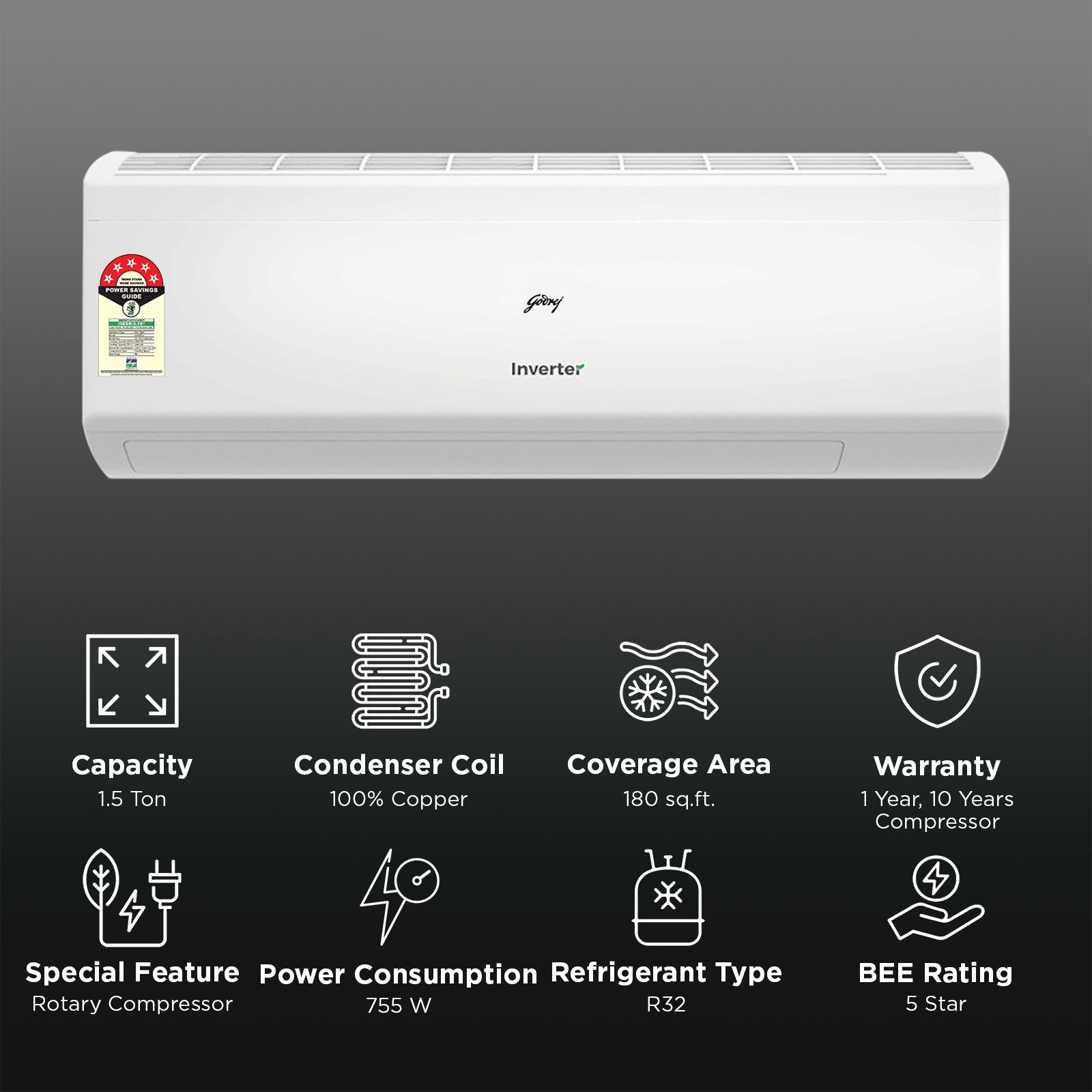 Godrej WZR Convertible 1.5 Ton 5 Star Inverter Split AC with I-Sense Technology (2025 Model, Copper Condenser, SIC 18ITC5 WZR)_2