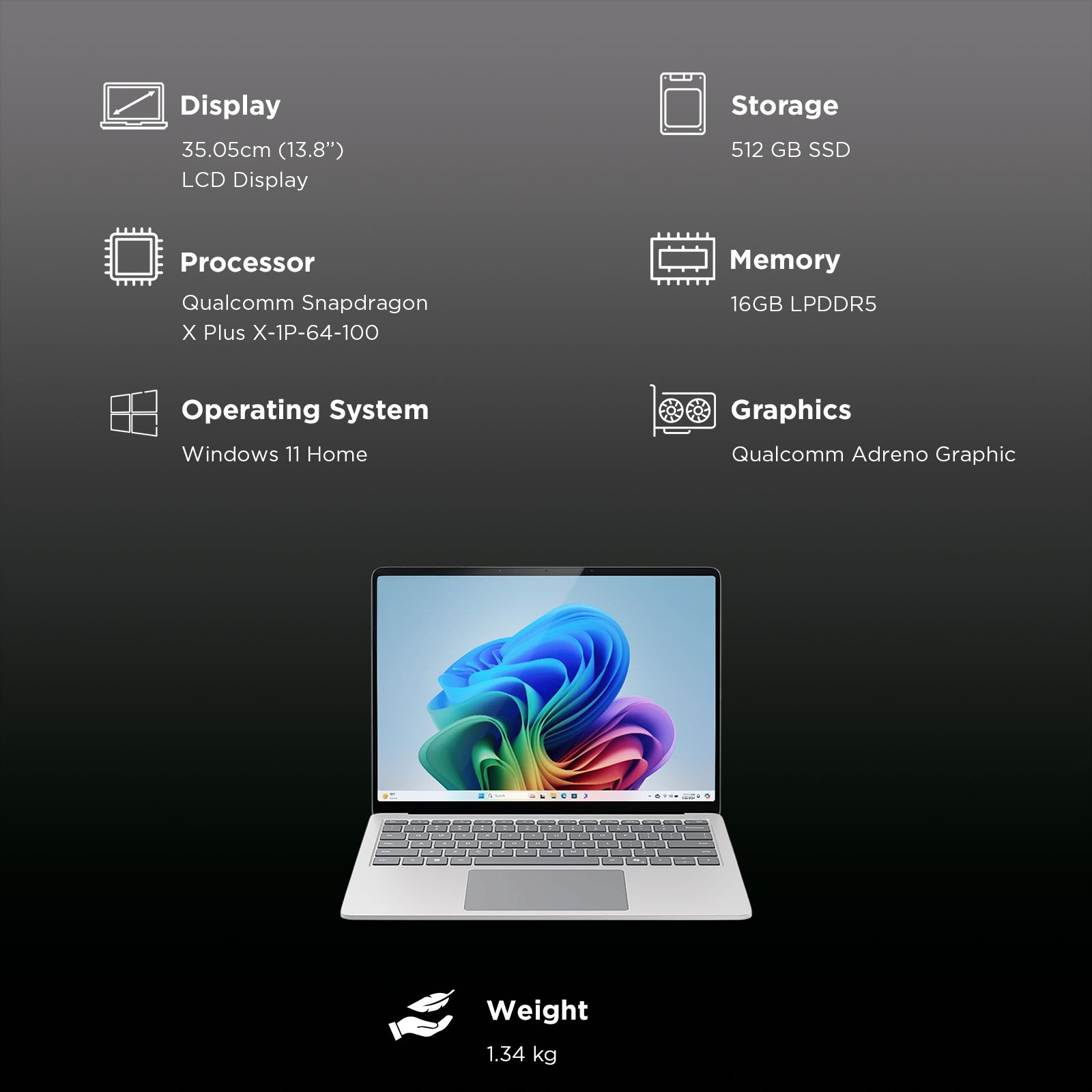 Microsoft Surface 7th Edition Snapdragon X Plus Touchscreen Ultra Thin Laptop (16GB, 512GB SSD, Windows 11 Home, 13.8 inch LCD Display, Platinum, 1.34 KG)_3