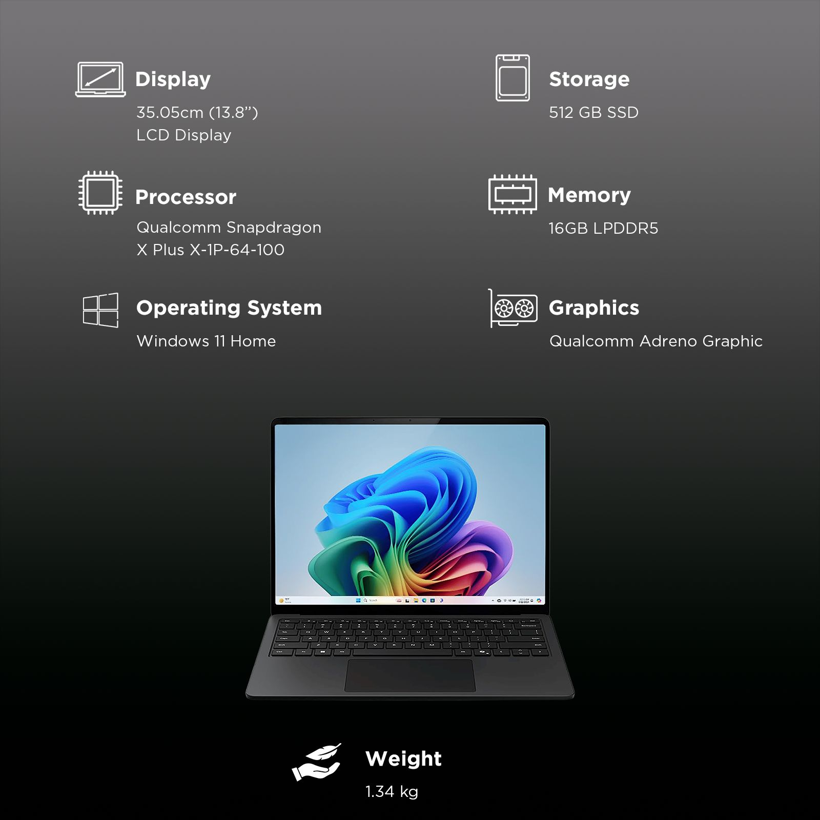 Microsoft Surface 7th Edition Snapdragon X Plus Touchscreen Ultra Thin Laptop (16GB, 512GB SSD, Windows 11 Home, 13.8 inch LCD Display, Black, 1.34 KG)_3
