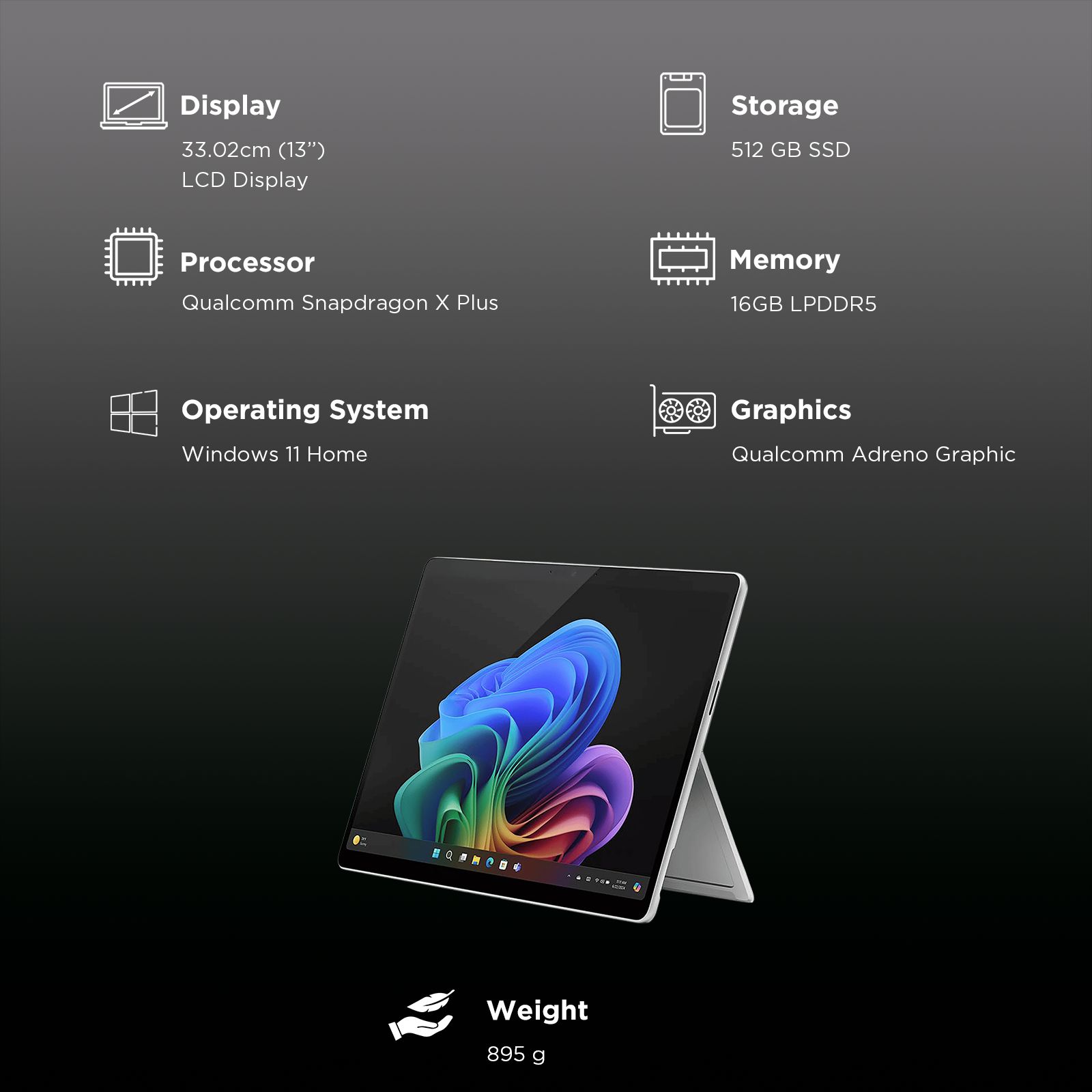 Microsoft Surface Pro 11th Edition Snapdragon X Plus Touchscreen 2-in-1 Laptop (16GB, 512GB SSD, Windows 11 Home, 13 inch LCD Display, Platinum, 0.89 KG)_3