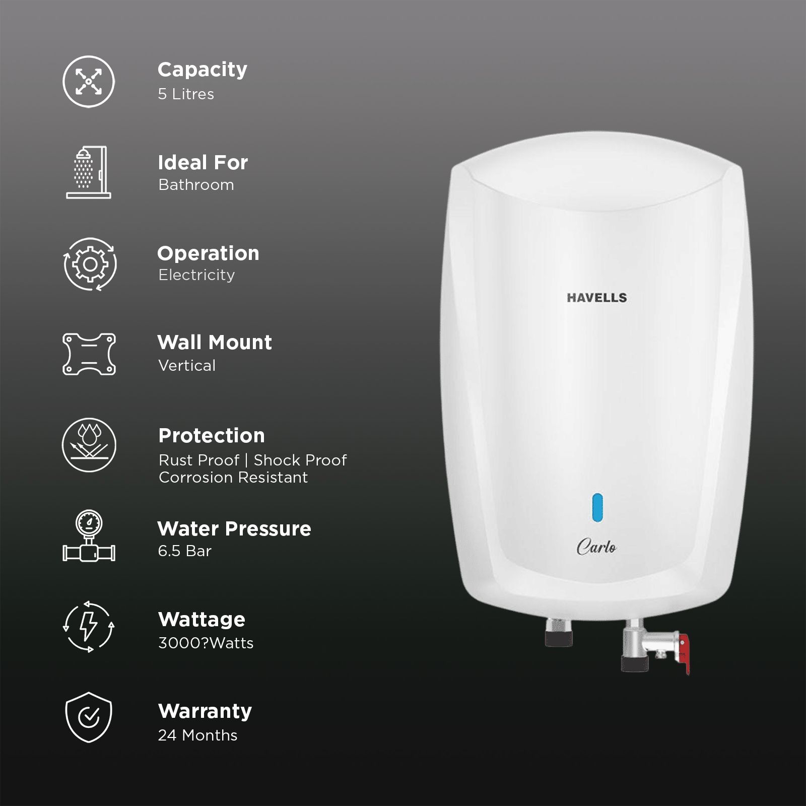 HAVELLS Carlo 5 Litre Vertical Instant Geyser with Heavy Duty Heating Element (White)_3