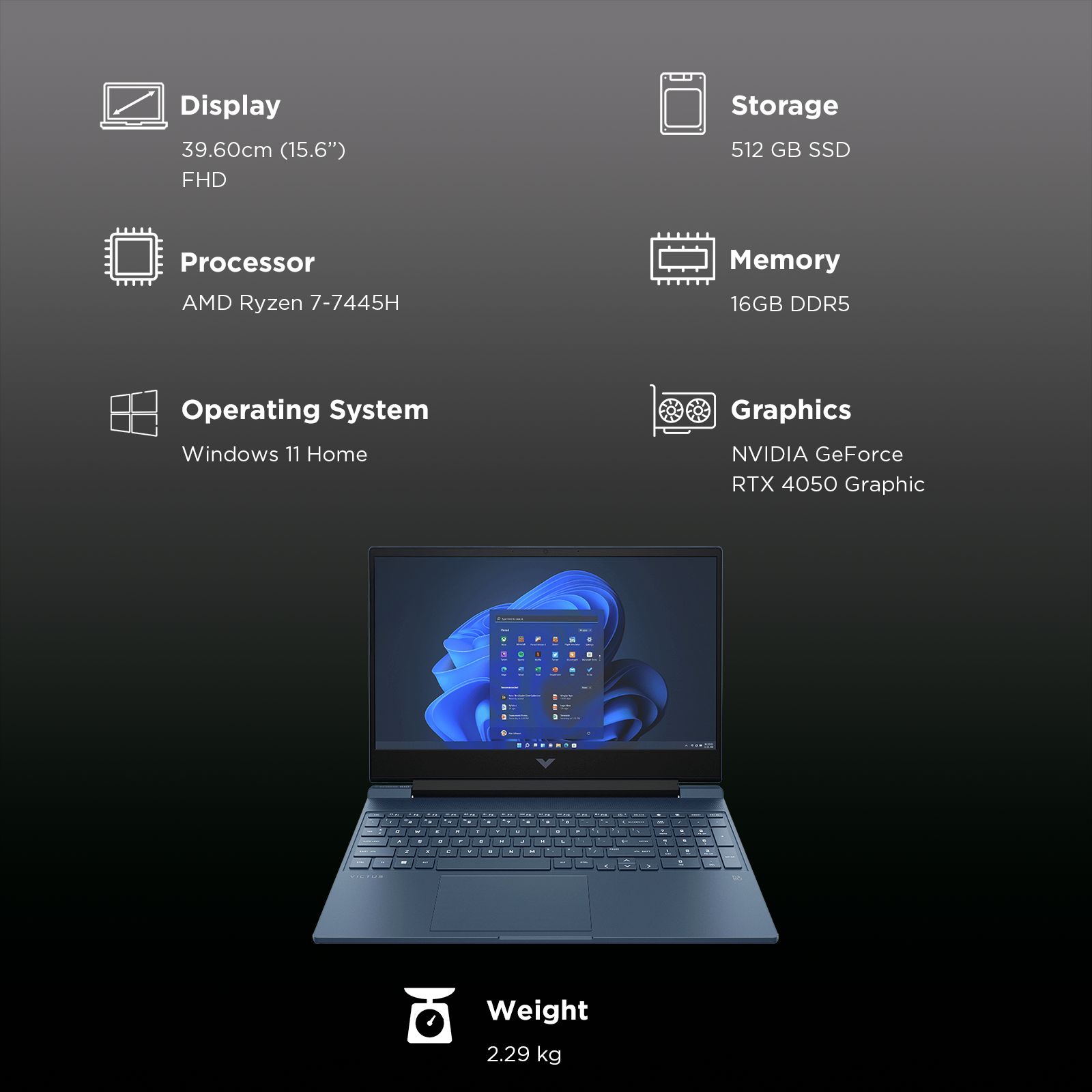 HP Victus 15-fb3124AX AMD Ryzen 7 Gaming Laptop (16GB, 512GB SSD, Windows 11 Home, 6GB Graphics, 15.6 inch 144 Hz Full HD Display, NVIDIA GeForce RTX 4050, MS Office Home 2024, Performance Blue, 2.29 KG)_3