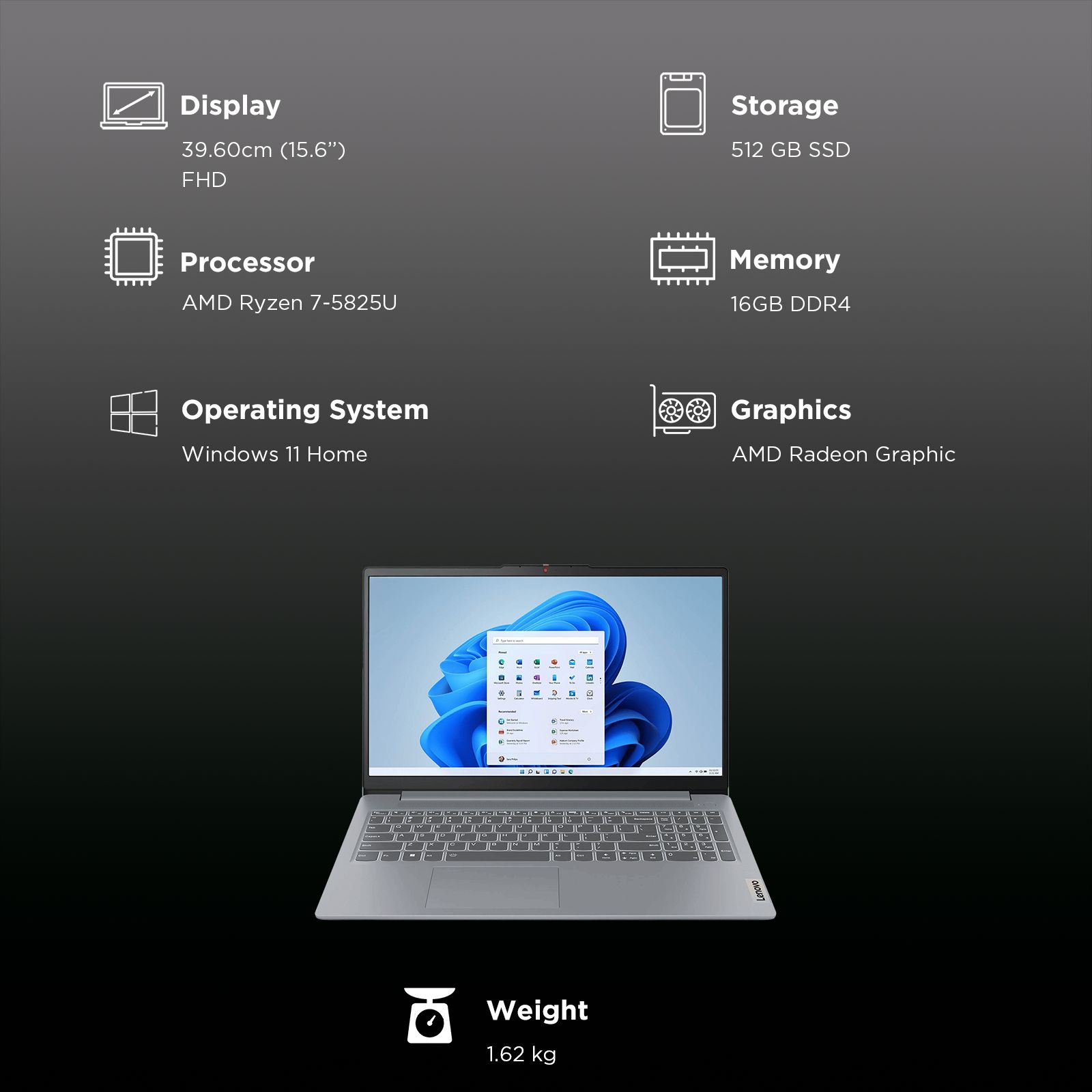 Lenovo IdeaPad Slim 3 15ABR8 AMD Ryzen 7 Thin & Light Laptop (16GB, 512GB SSD, Windows 11 Home, 15.6 inch Full HD Display, MS Office Home 2024, Arctic Grey, 1.62 KG)_3