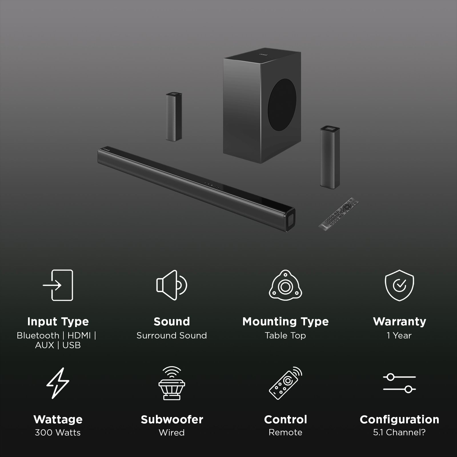 Croma 300W Bluetooth Home Theatre with Remote (5.1 Channel, Black) Croma 300W Bluetooth Home Theatre with Remote (5.1 Channel, Black)_3