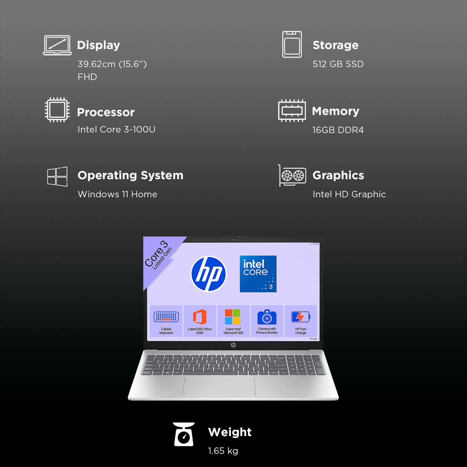 HP 15-fd1284TU Intel Core 3 Thin & Light Laptop (16GB, 512GB SSD, Windows 11 Home, 15.6 inch Full HD Display, Natural Silver, 1.65 KG) HP 15-fd1284TU Intel Core 3 Thin & Light Laptop (16GB, 512GB SSD, Windows 11 Home, 15.6 inch Full HD Display, Natural Silver, 1.65 KG)_3
