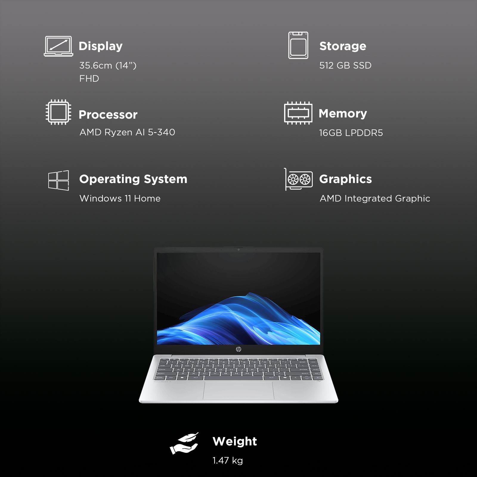 HP OmniBook 3 14-ha0000AU AMD Ryzen AI 5 Thin & Light Laptop (16GB, 512GB SSD, Windows 11 Home, 14 inch Full HD Display, Glacier Silver, 1.47 KG) HP OmniBook 3 14-ha0000AU AMD Ryzen AI 5 Thin & Light Laptop (16GB, 512GB SSD, Windows 11 Home, 14 inch Full HD Display, Glacier Silver, 1.47 KG)_3
