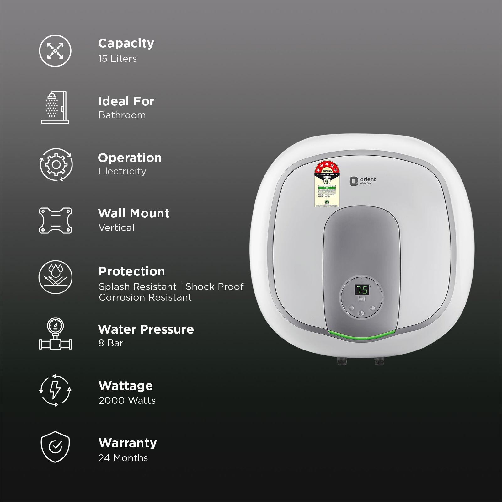 Orient Aquator IoT 15 Litre 5 Star Vertical Storage Geyser with LED Display (White)_3