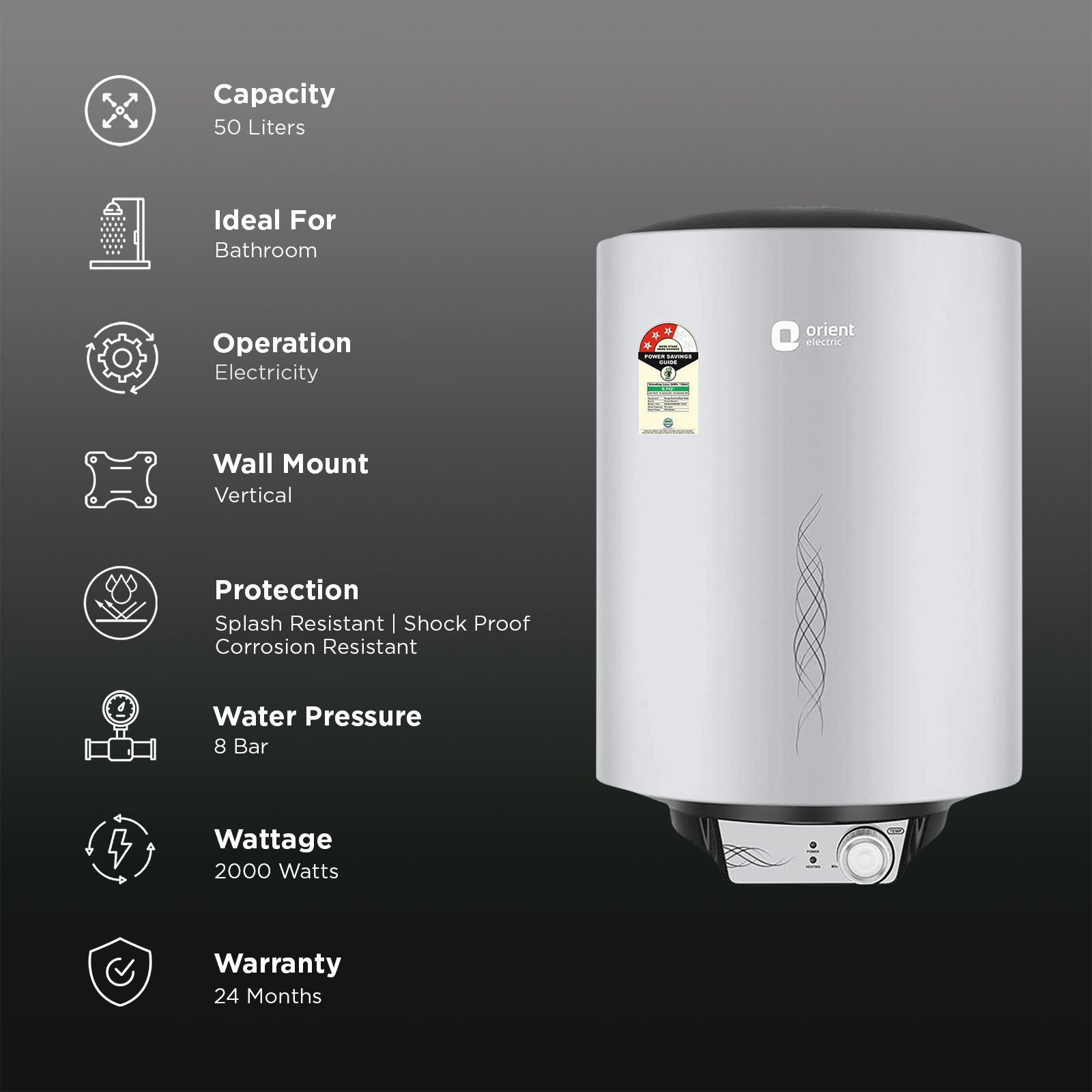 Orient Maverick 50 Litres 3 Star Vertical Storage Geyser with Longer Heat Retention (Grey)_3