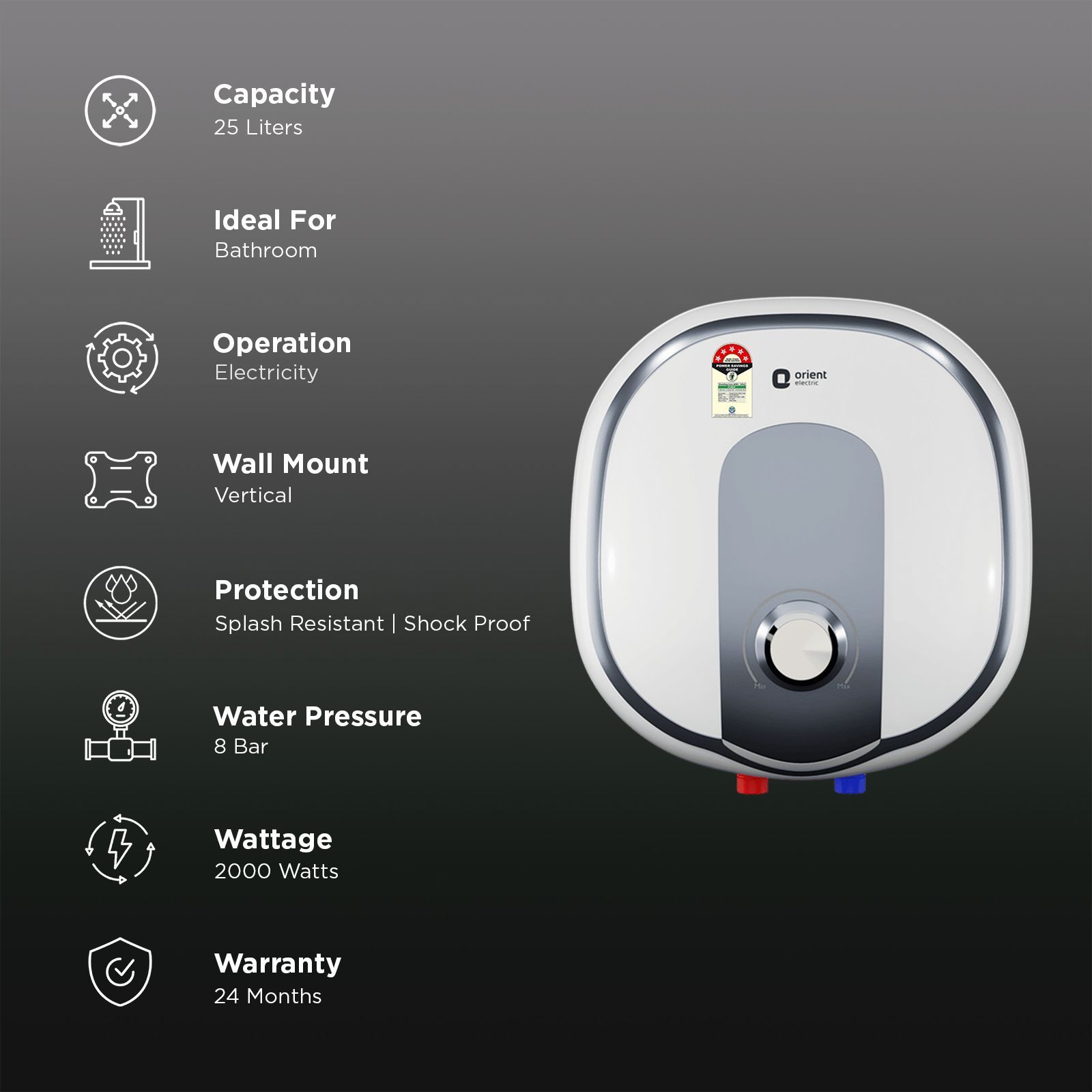 Orient Aquator 25 Litre 5 Star Vertical Storage Geyser with Whirlflow Technology (White)_3