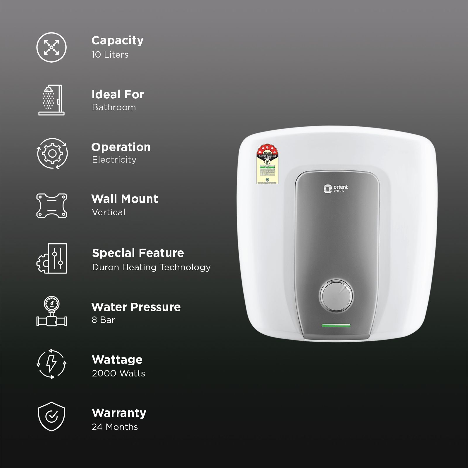 Orient Aquator Neo 10 Litre 5 Star Vertical Storage Geyser with Duron Heating Technology (White)_3