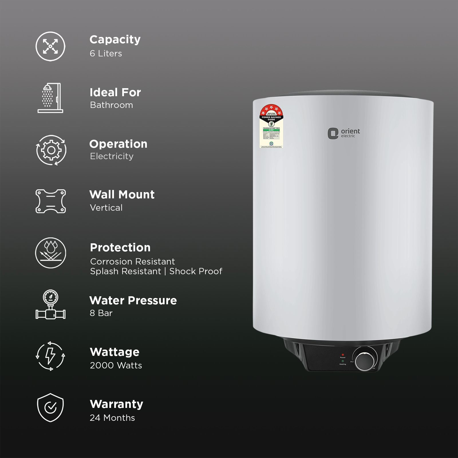 Orient Maverick 6 Litres 5 Star Vertical Storage Geyser with Longer Heat Retention (Grey)_3