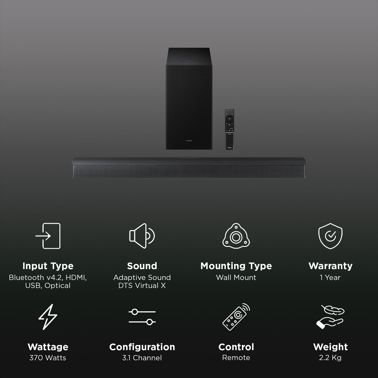 SAMSUNG B Series 370W Bluetooth Soundbar with Remote (Dolby Audio, 3.1 Channel, Black)_2