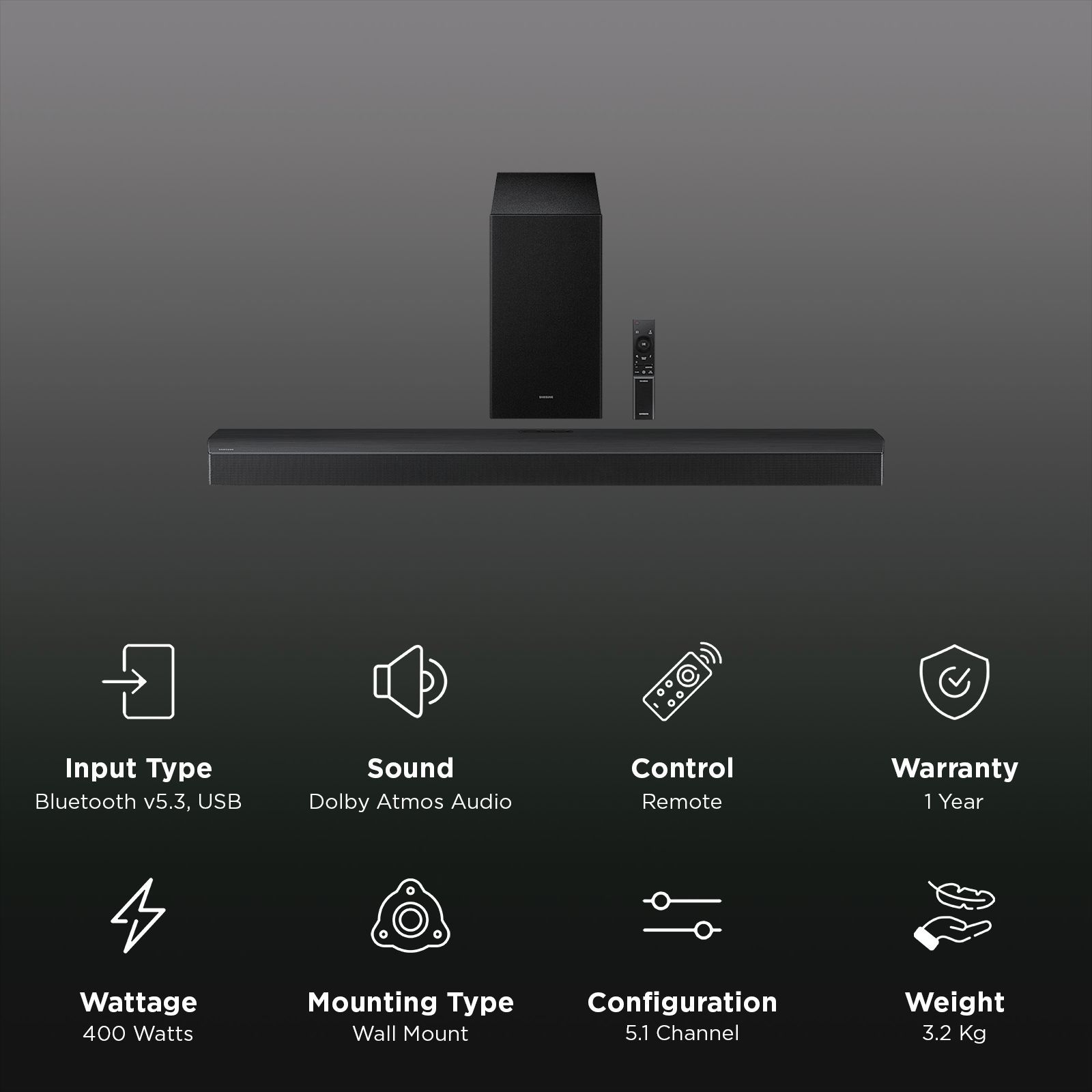 SAMSUNG B Series 400W Soundbar with Remote (Dolby Audio, 5.1 Channel, Black)_2