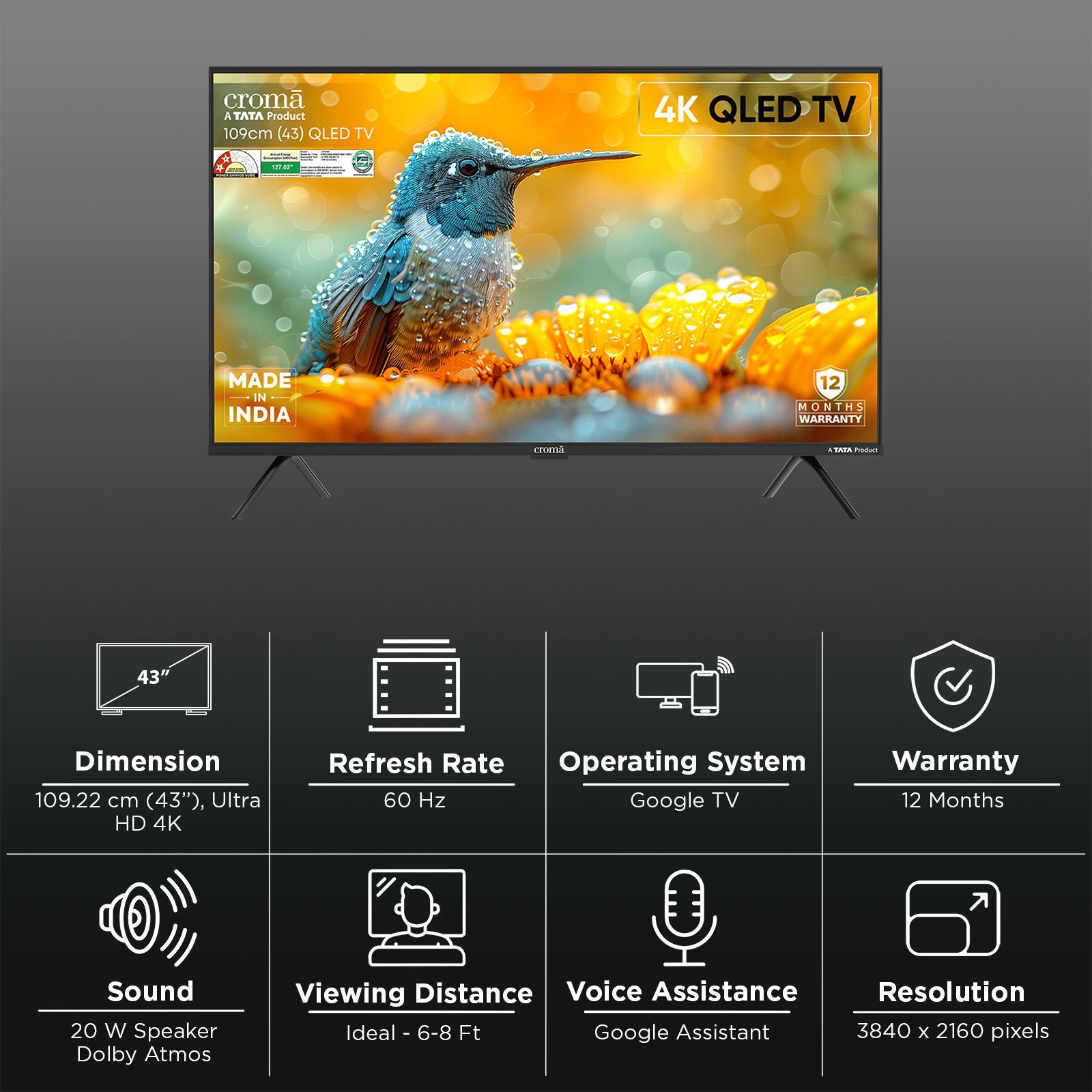 Croma 109.22 cm (43 inch) QLED 4K Ultra HD Smart Google TV 5.0 with Dolby Vision & Dolby Atmos (2025 model)_3