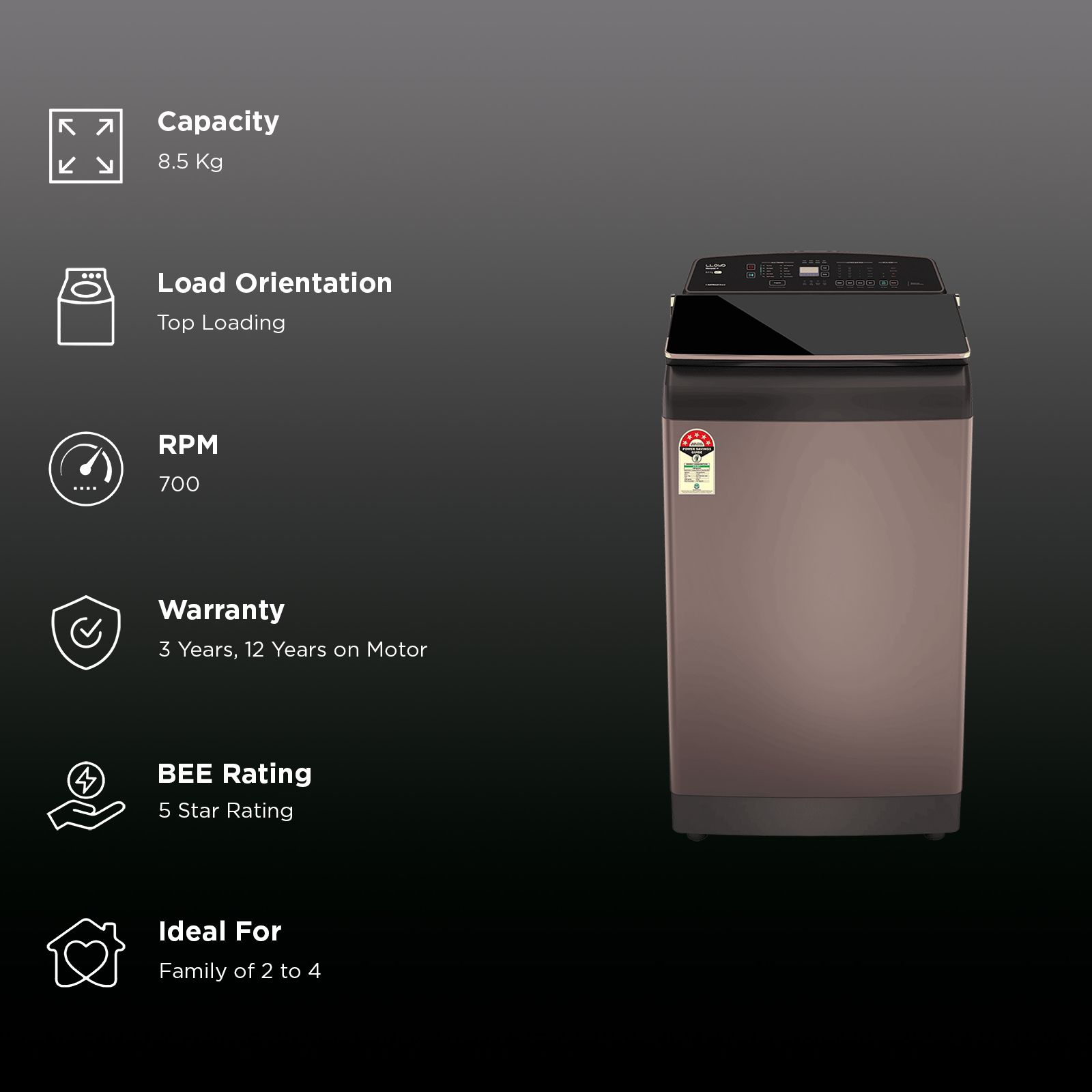 LLOYD 8.5 kg 5 Star Wi-Fi Inverter Fully Automatic Top Load Washing Machine (Novante IOT, GLWT855N12CB, 12 i-Sense Technology, Copper Blush)_3