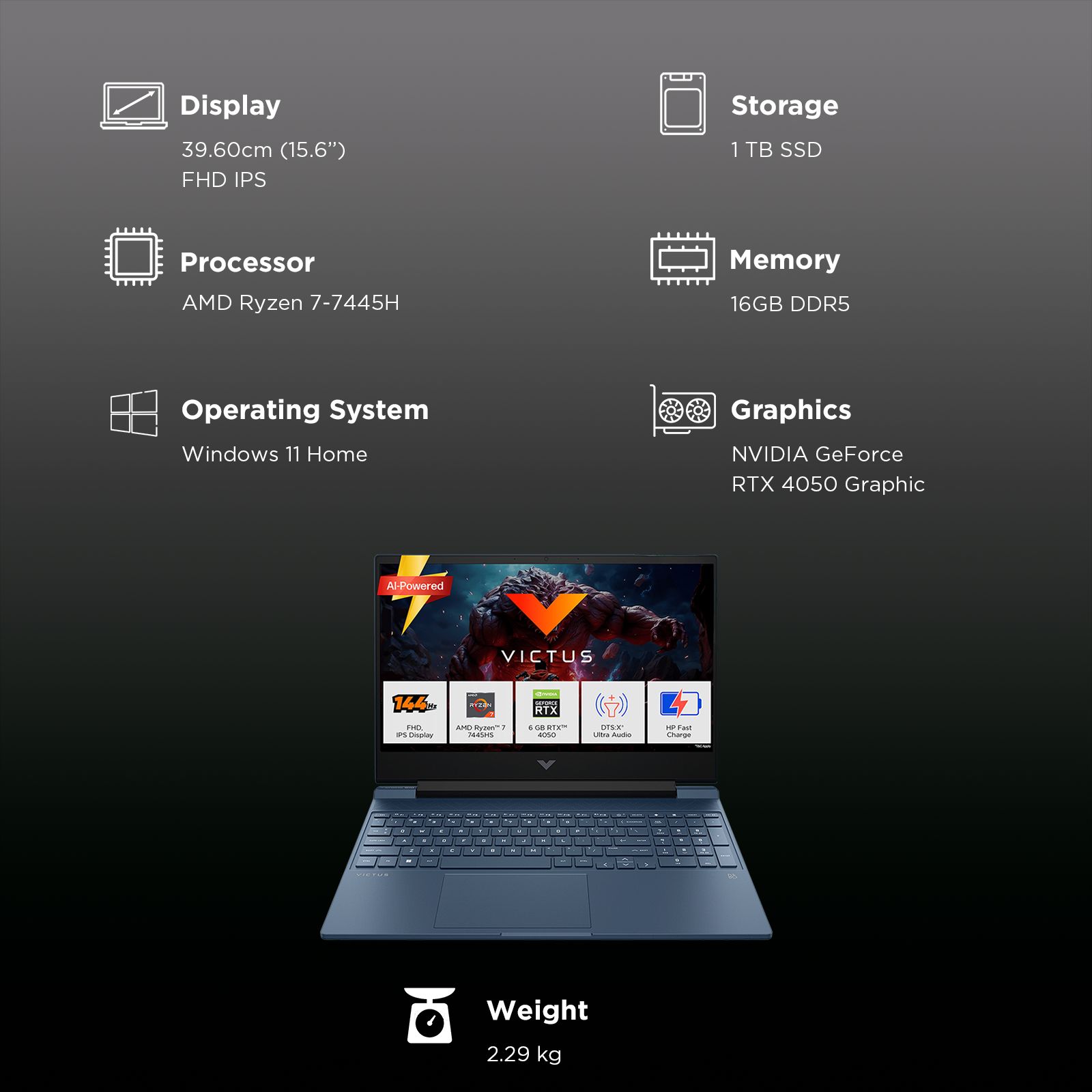 HP Victus 15-fb3162AX AMD Ryzen 7 Gaming Laptop (16GB, 1TB SSD, Windows 11 Home, 6GB Graphics, 15.6 inch 144 Hz Full HD IPS Display, NVIDIA GeForce RTX 4050, Performance Blue, 2.29 KG)_3