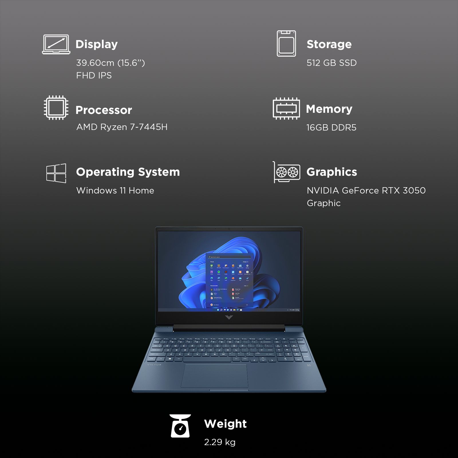 HP Victus 15-fb3125AX AMD Ryzen 7 Gaming Laptop (16GB, 512GB SSD, Windows 11 Home, 15.6 inch 144 Hz Full HD IPS Display, NVIDIA GeForce RTX 3050, Performance Blue, 2.29 KG)_3