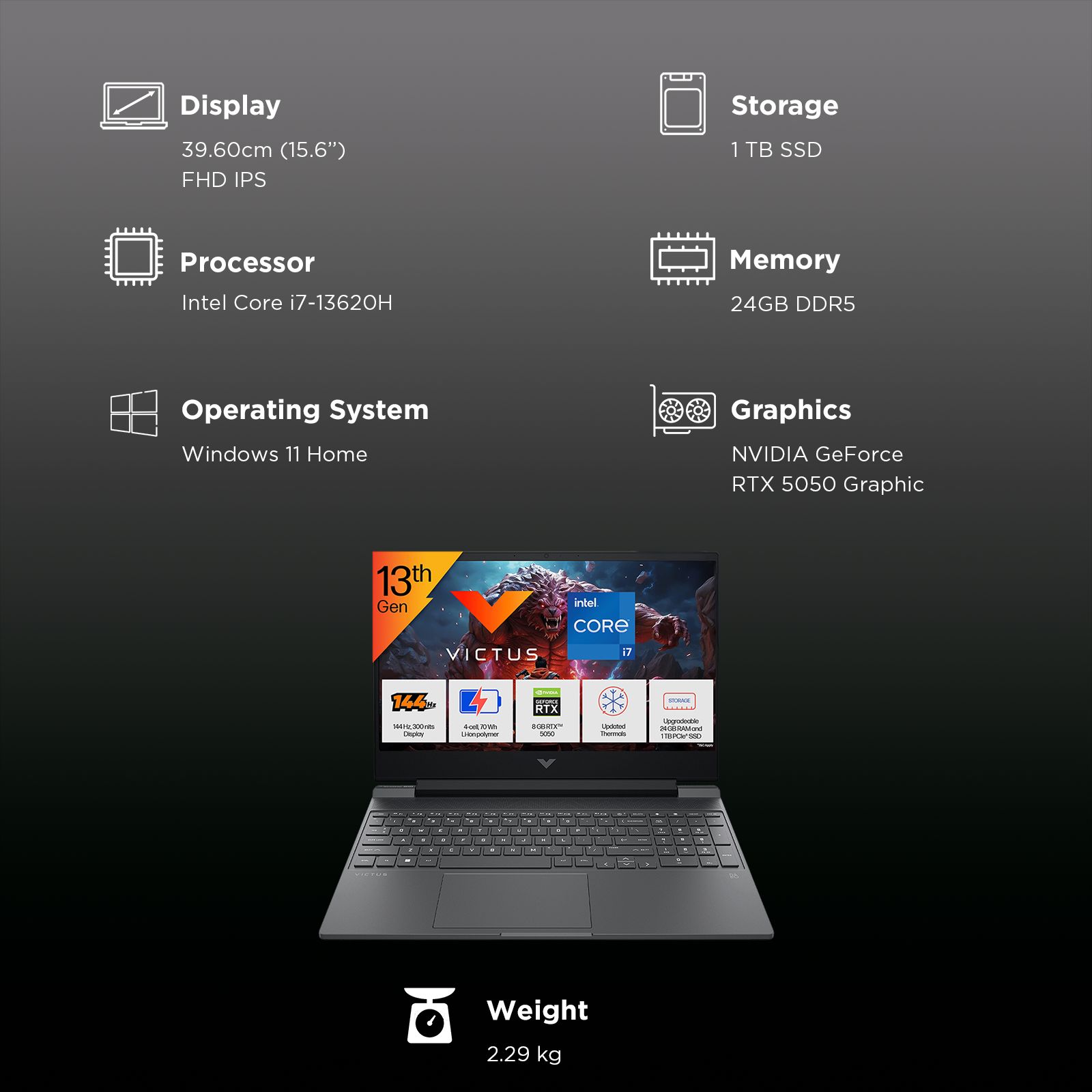 HP Victus 15-fa2309TX Intel Core i7 13th Gen Gaming Laptop (24GB, 1TB SSD, Windows 11 Home, 8GB Graphics, 15.6 Inch 144 Hz Full HD IPS Display, NVIDIA GeForce RTX 5050, MS Office Home 2024, Mica Silver, 2.29 KG)_3