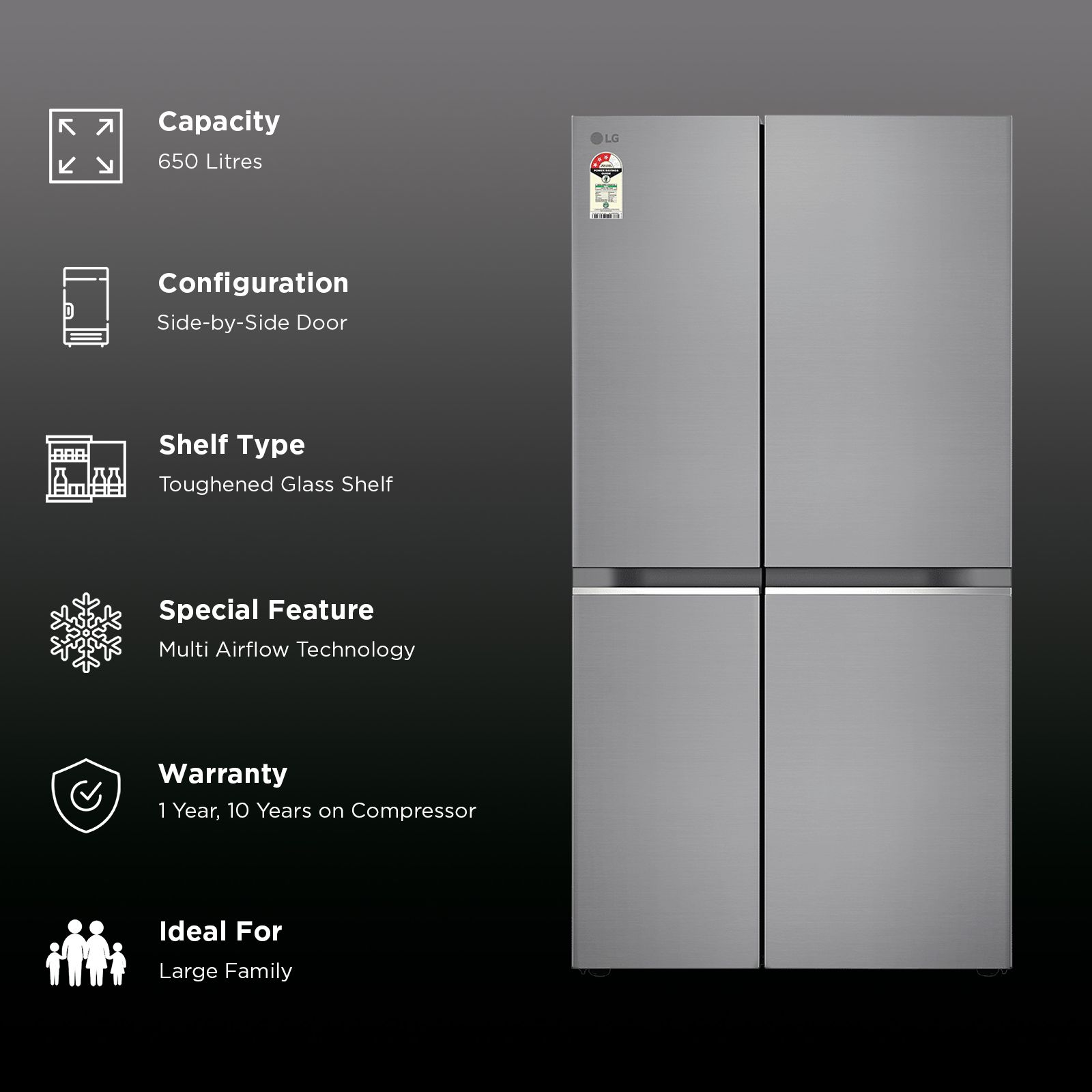 LG 650 Litres 3 Star Frost Free Side by Side Refrigerator with DoorCooling Plus Technology (GL- B257HPZ3, Shiny Steel)_3