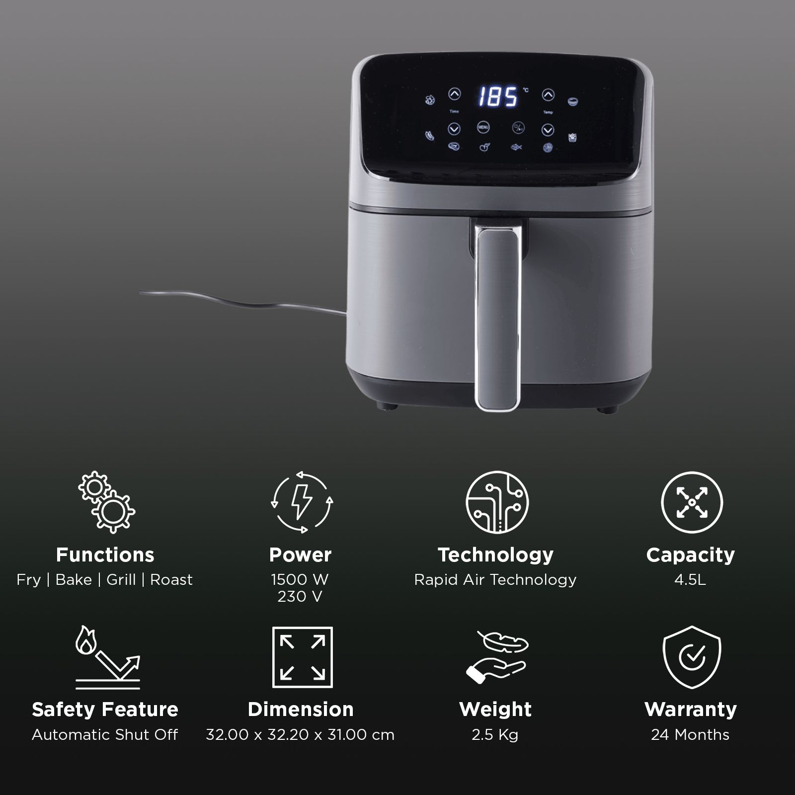 WONDERCHEF Regalia 4.5L 1500 Watt Digital Air Fryer with Rapid Air Technology (Grey)_3