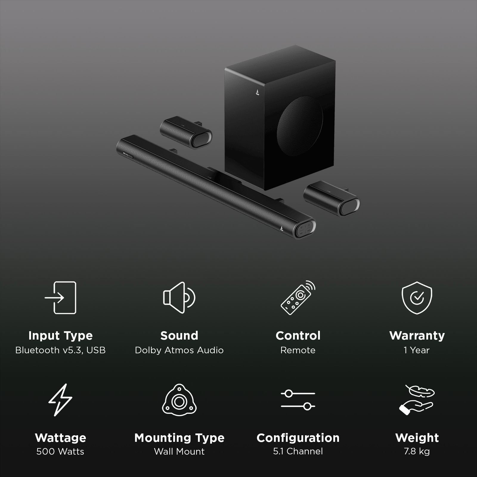 boAt Aavante Prime 5.1 5000DA 500W Soundbar with Remote (Dolby Atmos, 5.1 Channel, Black) boAt Aavante Prime 5.1 5000DA 500W Soundbar with Remote (Dolby Atmos, 5.1 Channel, Black)_3