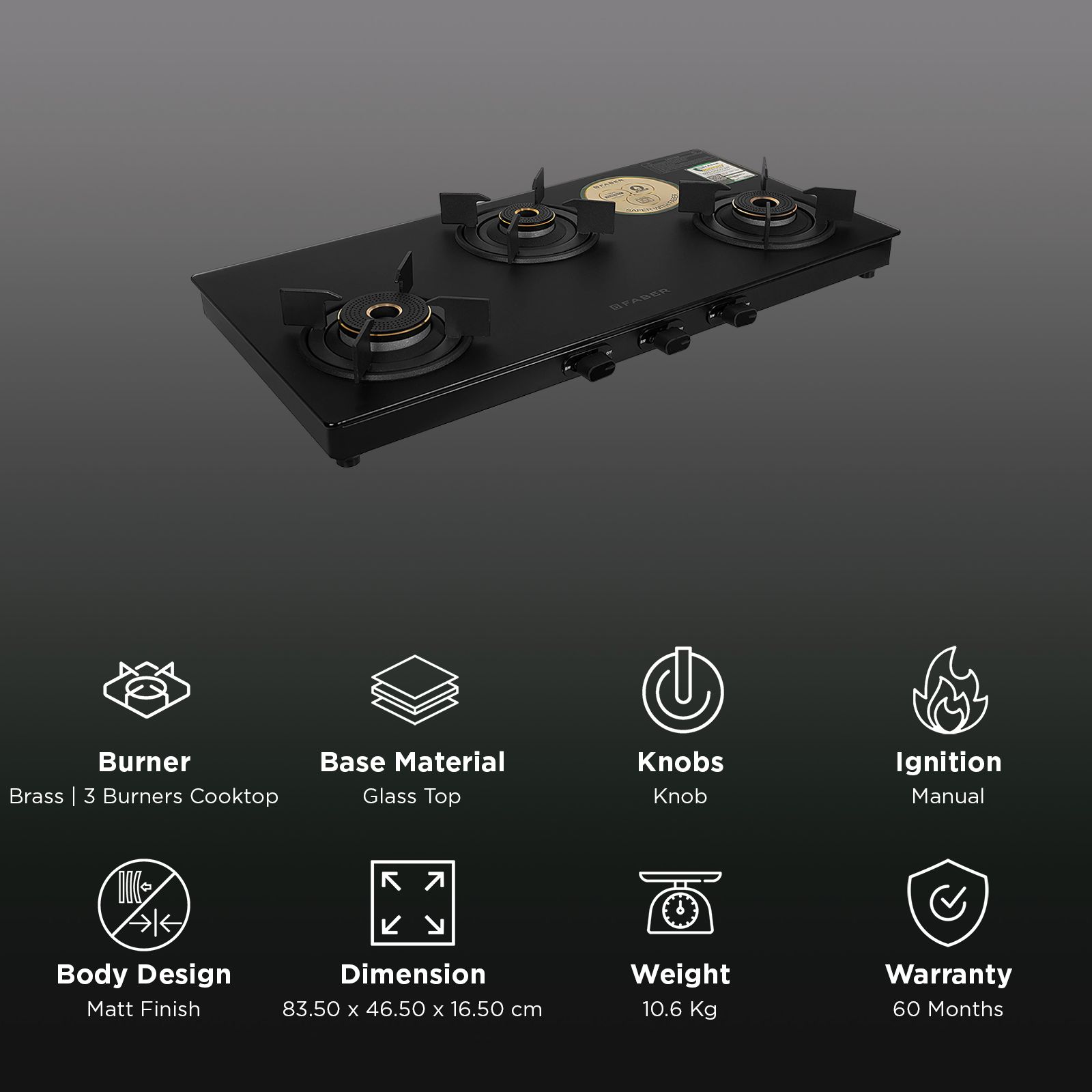 FABER NEBULA Glass Top 3 Burner Manual Gas Stove (Matt Finish, Black)_3